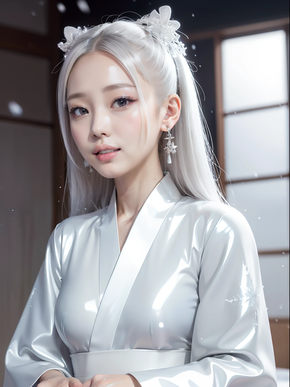 masutepiece,A hyper-realistic,32K,the Extremely Detailed CG Unity 8K Wallpapers, Best Quality,(beautiful japanese female),Silver Shorthair,((Latex White Kimono)),((Extremely white skin)),Cramped dresses,Skin fit,(low angles), Flashy makeup,(Film Overlay:1.3),Mouth open,A smile,Gichigichi,(It's snowing)