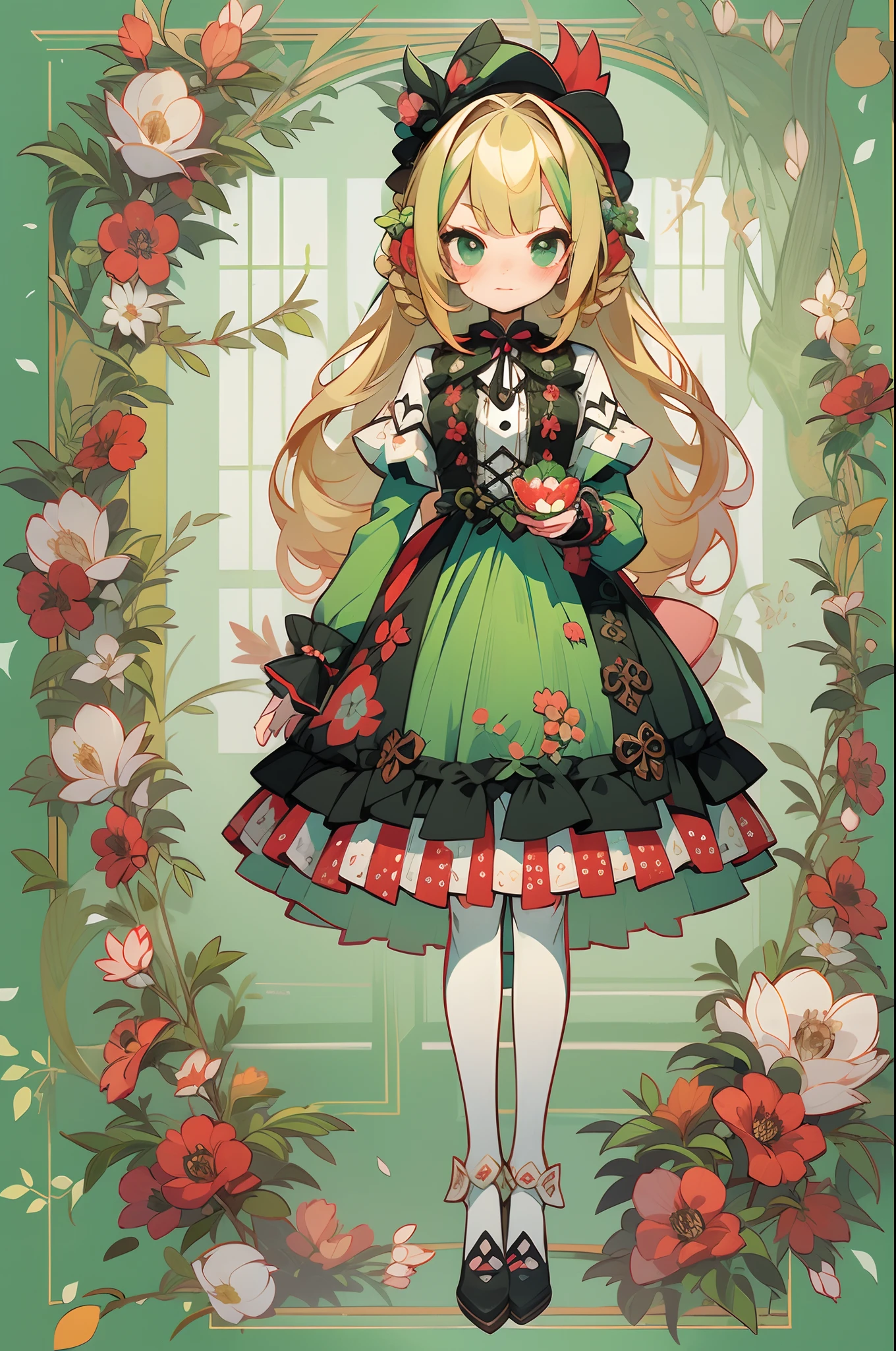 (1 Gothic Lolita), (standing full-body), (Full body standing painting), 1 Princess，(standing full-body)，独奏, BJD dolls, Blush, long  skirt，character  design, fanciful, alice in the wonderland, Gothic Lolita red dress, Green high socks, White flowers, ((red colour)), Blonde hair, Short hair, Double up braid, tmasterpiece, top Quority，best qualtiy，超高分辨率，Exquisite facial features,