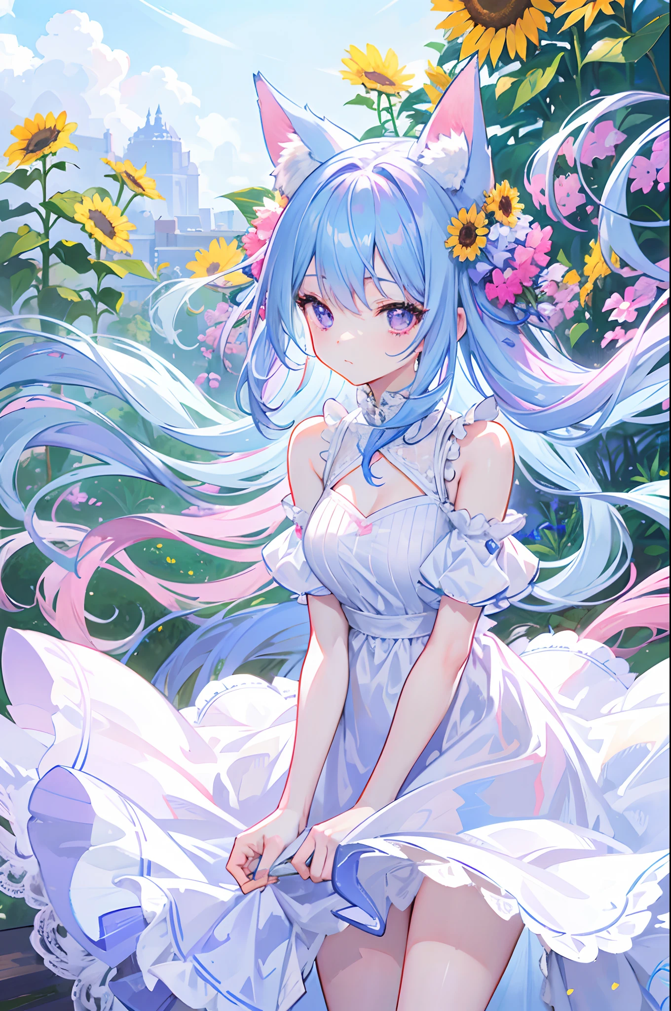 light blue hair, pink hair highlight, 1girl, purple eyes, looking at viewer, garden, white sunflower dress, 8k, high res, morning, (masterpiece), ultrasharp, two arms, long hair, fox ears, holding an icecream