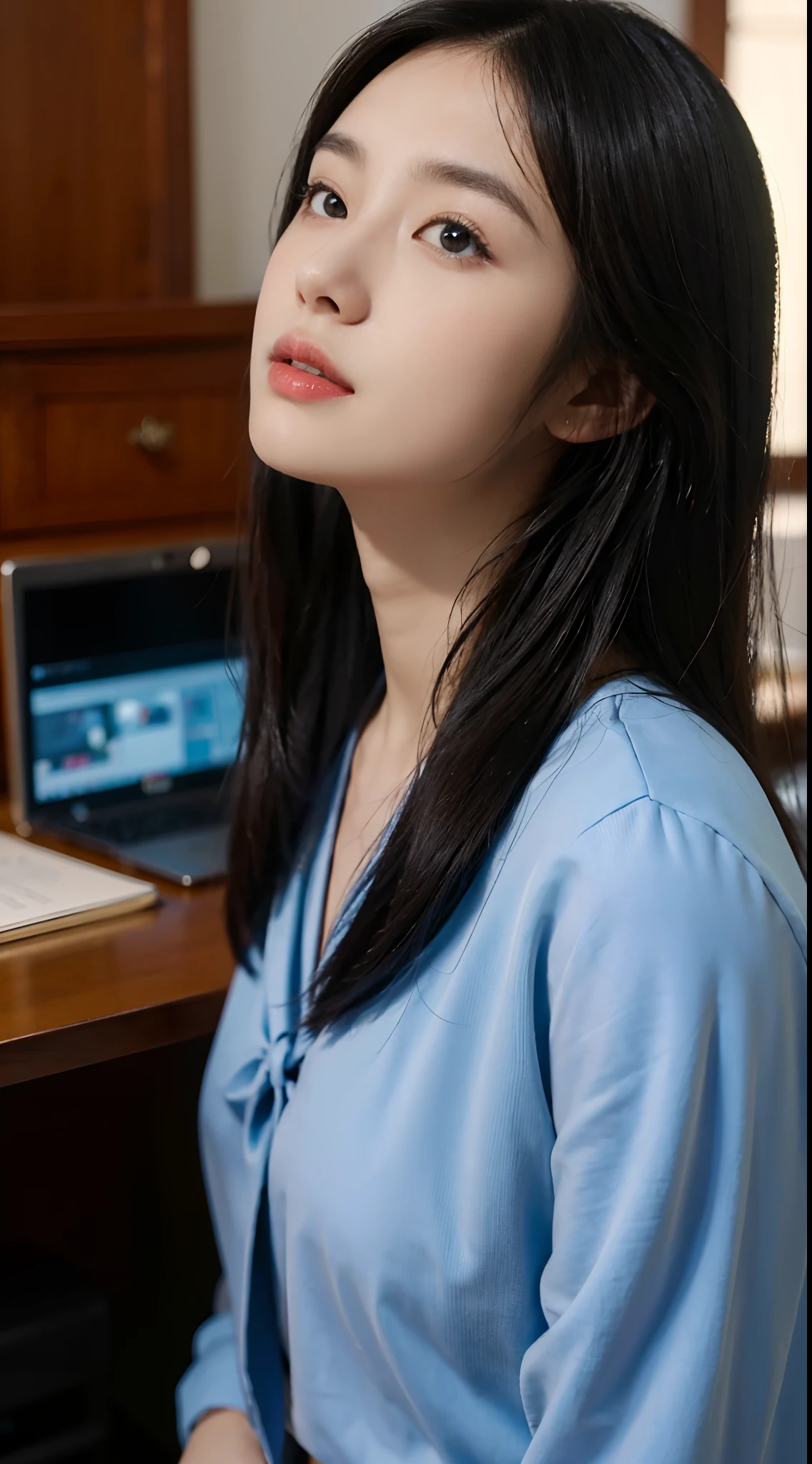High-res, Realistic portrait of professional Chinese university campus lady with perfect skin,stand posture,Billiards looks up at the sky,full bodyesbian,Long black hair,Show confidence and maturity, Longing for freedom and beauty,Surrounded by the breath of a modern school, Vibrant and naturally lit highlights. The artwork should emphasize her elegant facial features, Including charming long eyes, Fluttering eyelashes and seductive lips. The scene should be enhanced with elements of professionalism and visual appeal,For example, Stylish work desk, Mainframe computers, High-resolution display, and complex stationery. The overall tone should be warm and professional, Has a soft and natural color palette. The artwork should exude a sense of professionalism, Success, and cultural pride,The background is blurred out(1.2),Wearing a summer blue school uniform,Sky blue,