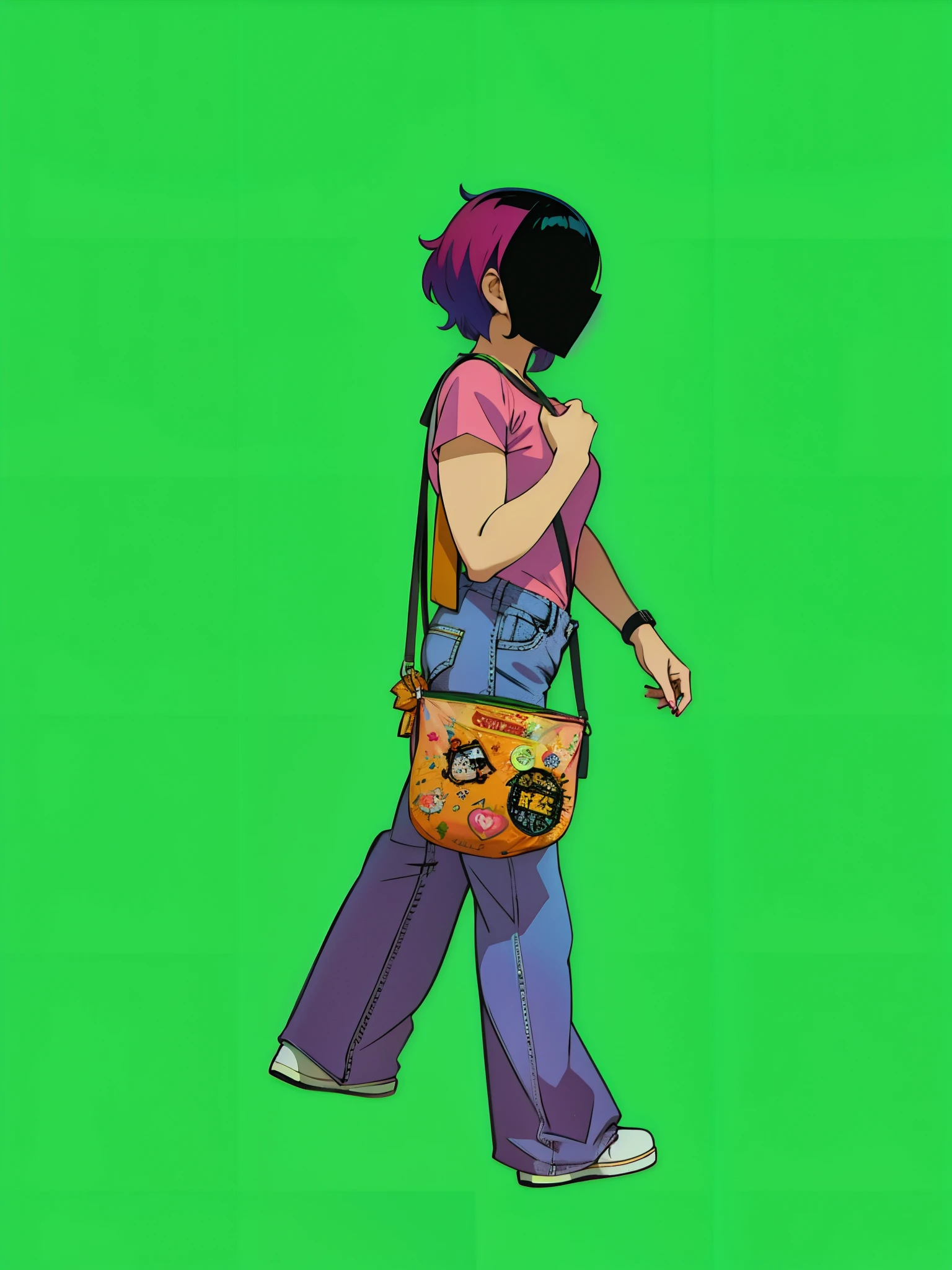 Turn this girl to cartoon, attractive thin girl, colorfull, pinky T-shirt, walking