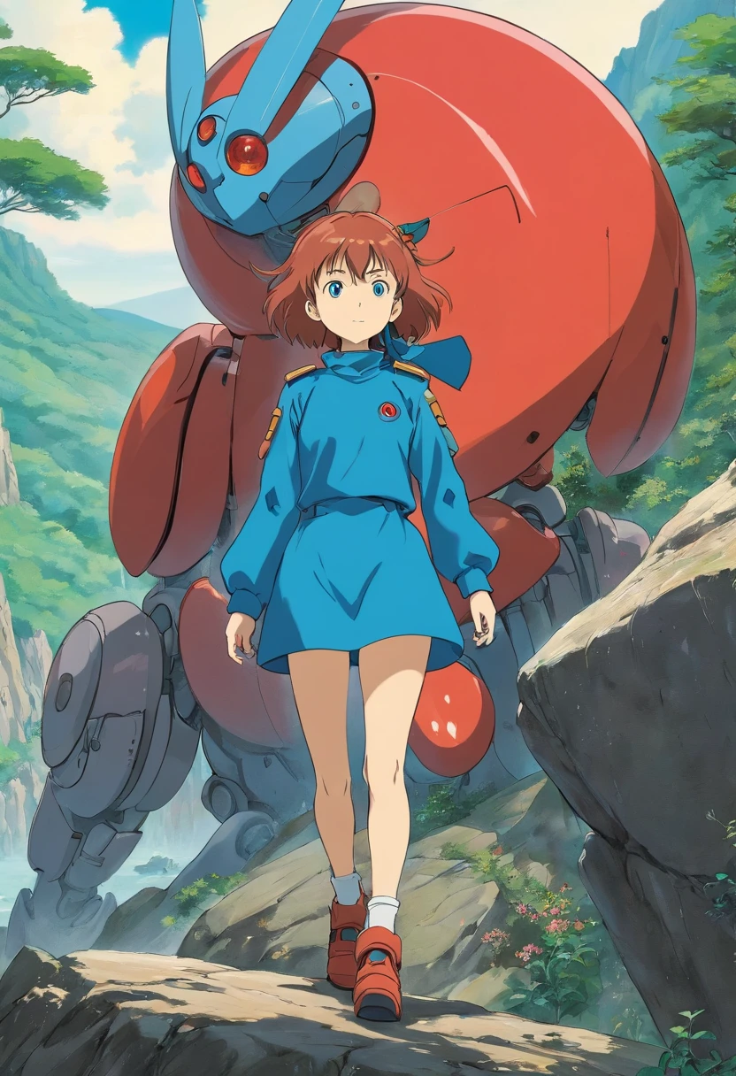 There's a woman next to a robot on a rock, little girl meets robot, anime robotic mixed with organic, Filme ainda de Robot Evangelion, mecha anime gigante, :14 FLCL + Akira, ainda de um filme de fantasia, woman and robot, anjo de batalha, anime", FLCL, Captura de tela do anime ????, Nausicaa
