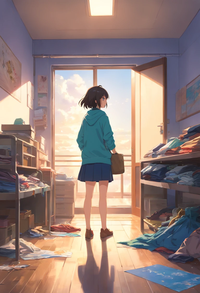 (high resolution,4k,8k,masterpiece:1.2),ultra-detailed,(realistic,photorealistic,photo-realistic:1.37),vibrant colors,messy wardrobe,piles of clothes,scattered garments,wrinkled blanket on the floor,sunlight pouring through the windows,dust particles floating in the air,long shadows stretching across the entire room,abandoned hangers gently swaying,unique patterns and textures on the clothing,feeling of chaos and disorder,blend of bright and dark tones,contrasting hues and tones,a touch of mystery and intrigue,a captivating scene that evokes curiosity and wonder.