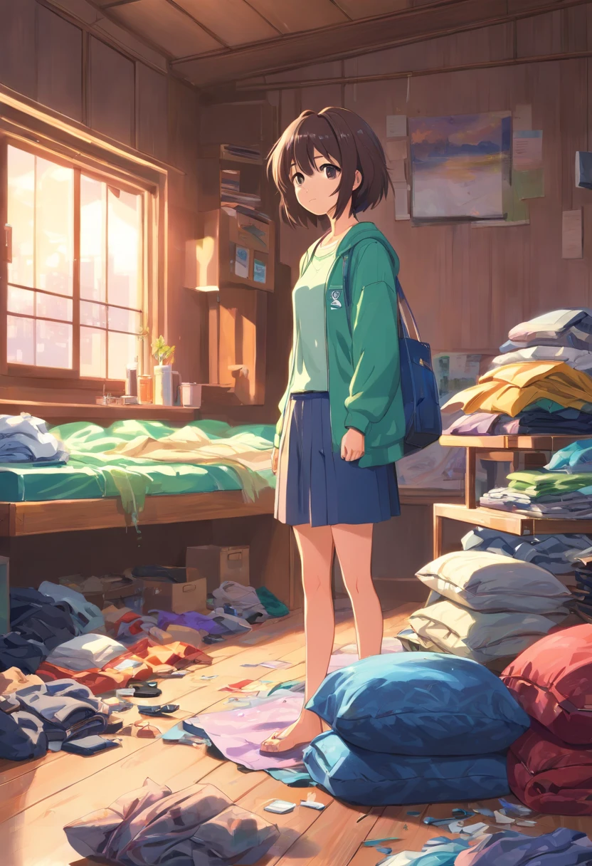 (Best quality, high resolution, photo-realistic:1.37), Vibrant colors, Cluttered wardrobe, Piles of clothes, messy outfit, A crumpled blanket on the floor