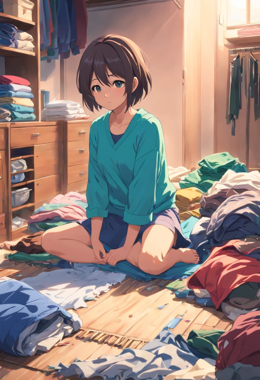 (Best quality, high resolution, photo-realistic:1.37), Vibrant colors,Empty bedroom，Cluttered wardrobe, Piles of clothes, messy outfit, A crumpled blanket on the floor