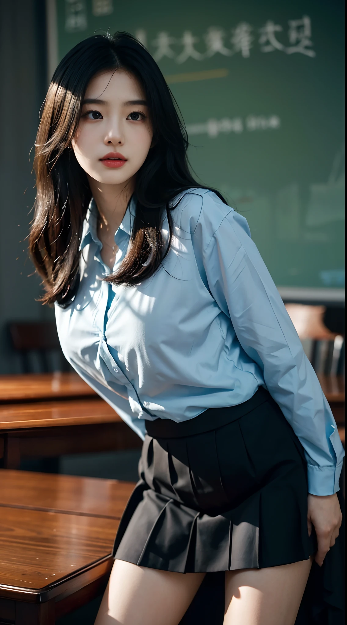 High-res, Realistic portrait of professional Chinese university campus lady with perfect skin,stand posture,Billiards looks up at the sky,full bodyesbian,Long black hair,Show confidence and maturity, Longing for freedom and beauty,Surrounded by the breath of a modern school, Vibrant and naturally lit highlights. The artwork should emphasize her elegant facial features, Including charming long eyes, Fluttering eyelashes and seductive lips. The scene should be enhanced with elements of professionalism and visual appeal,For example, Stylish work desk, Mainframe computers, High-resolution display, and complex stationery. The overall tone should be warm and professional, Has a soft and natural color palette. The artwork should exude a sense of professionalism, Success, and cultural pride,The background is blurred out(1.2),Wearing a summer blue school uniform,Sky blue,