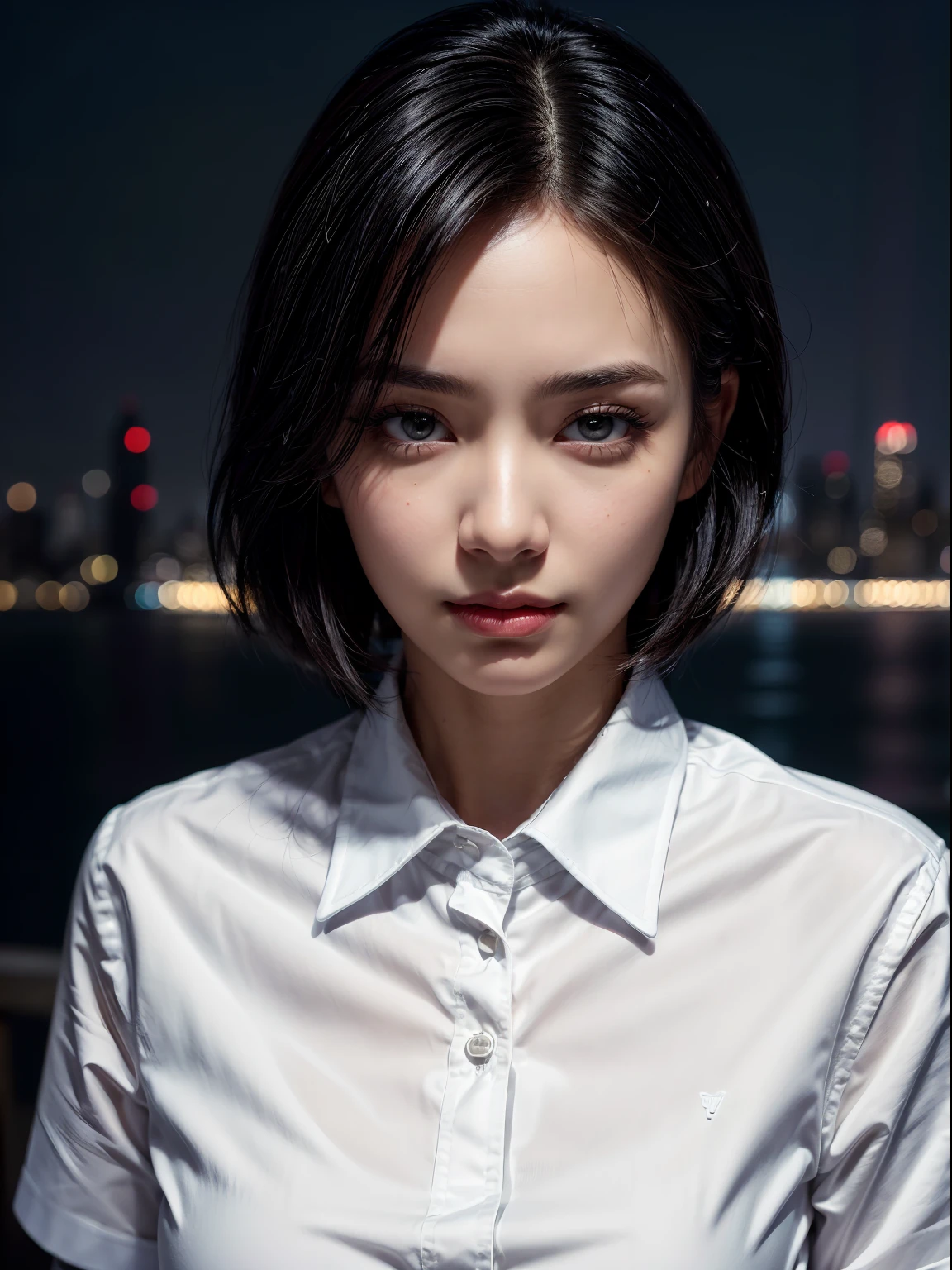 (((White collared shirt))), (((modern black trouse pants))), ((ideal body)), ((hazel eyes)), ((black hair)), ((medium short hair)), ((bright skin)), (((ultra-detailed))), ((illustration)), ((beautiful detailed eyes)), beautiful, amazing, detailed eyes, expressive eyes, solo, 1girl, 1 person, (((masterpiece))), (((realistic:1))), (((best quality))), (((first person view))), ((mafia pose)), ((professional studio lightning)), ((staring to viewer)), (smirk), (((close up portrait))), ((city skyline in the night background)).