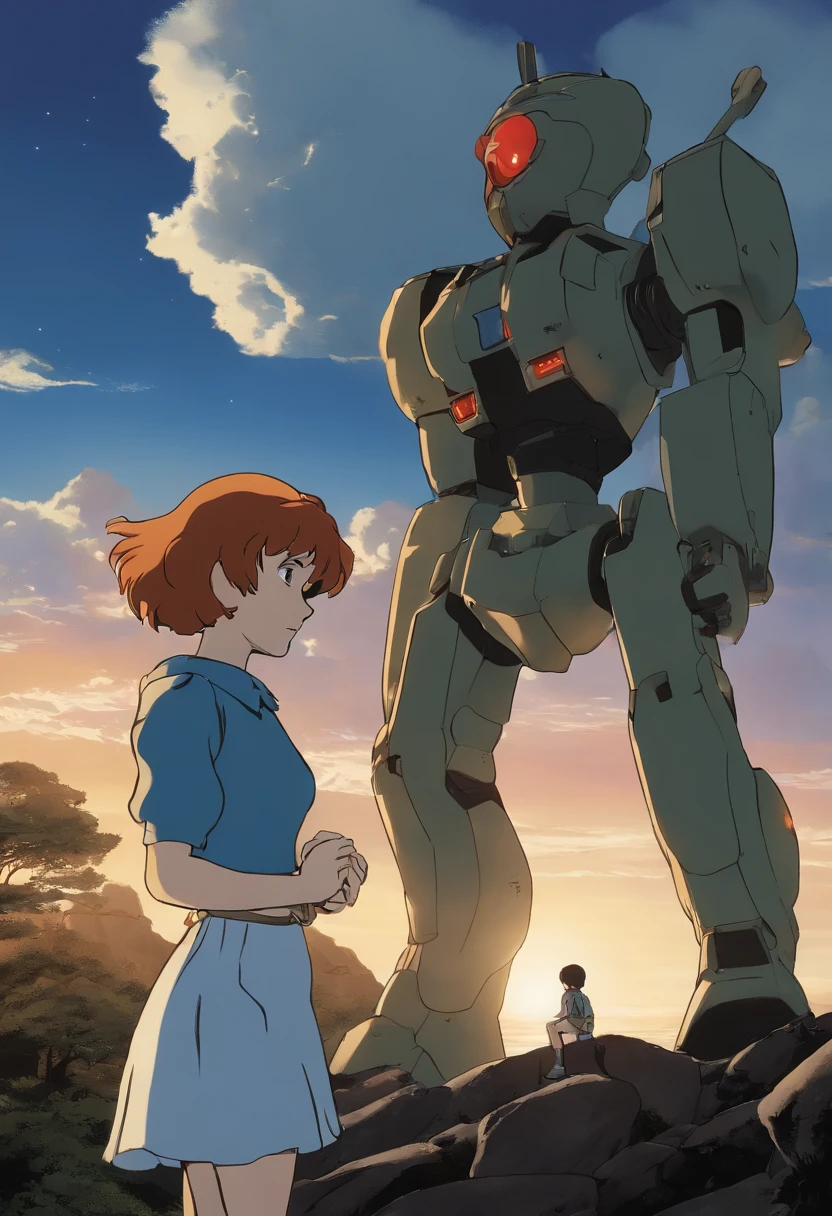 There's a woman next to a robot on a rock,  girl meets robot, anime robotic mixed with organic, Filme ainda de Robot Evangelion, Mecha de anime gigante, :14 FLCL + Akira, ainda de um filme de fantasia, woman and robot, anjo de batalha, anime", FLCL, Captura de tela do anime Guro, Nausicaa