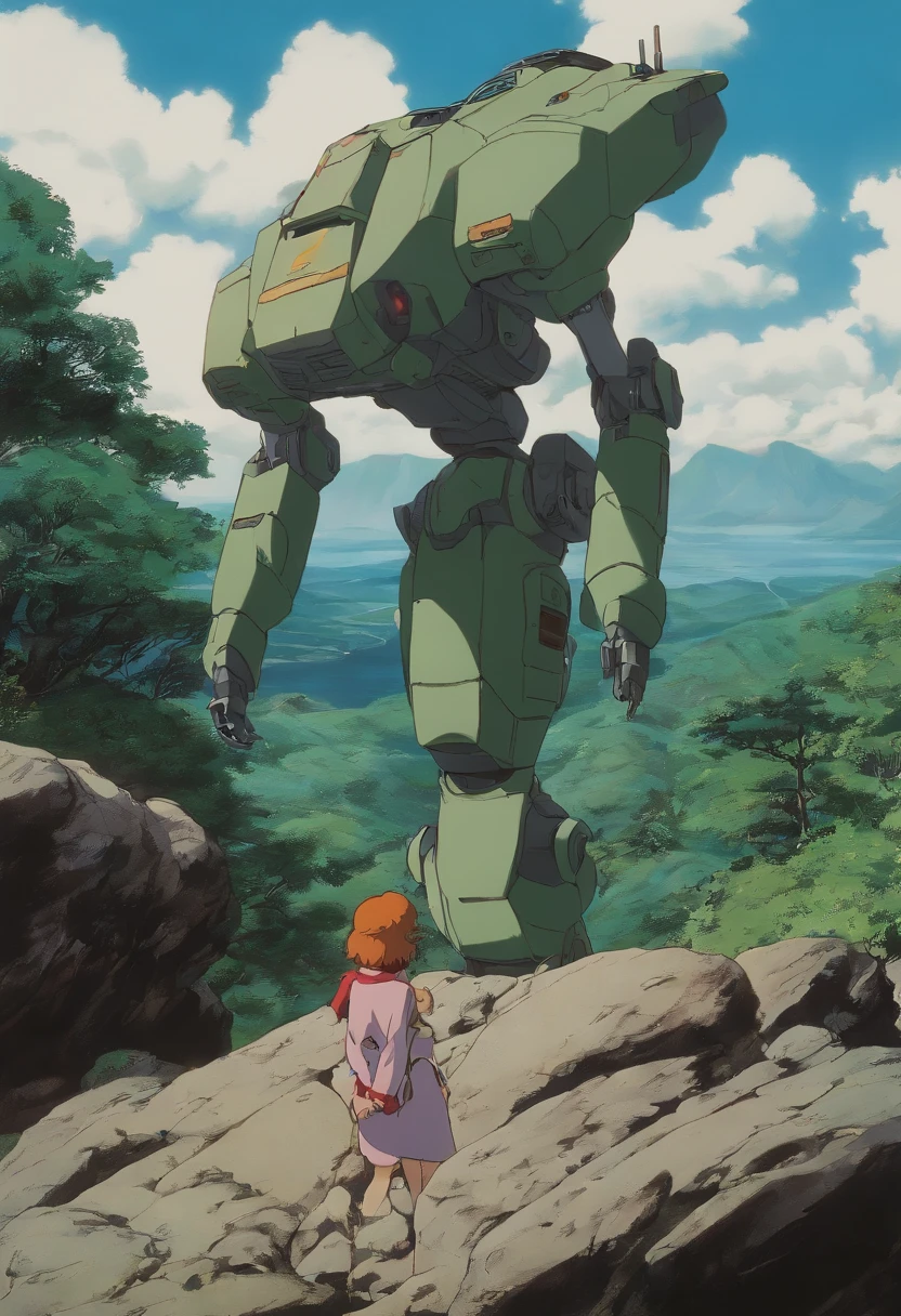 There's a woman next to a robot on a rock,  girl meets robot, anime robotic mixed with organic, Filme ainda de Robot Evangelion, Mecha de anime gigante, :14 FLCL + Akira, ainda de um filme de fantasia, woman and robot, anjo de batalha, anime", FLCL, Captura de tela do anime Guro, Nausicaa