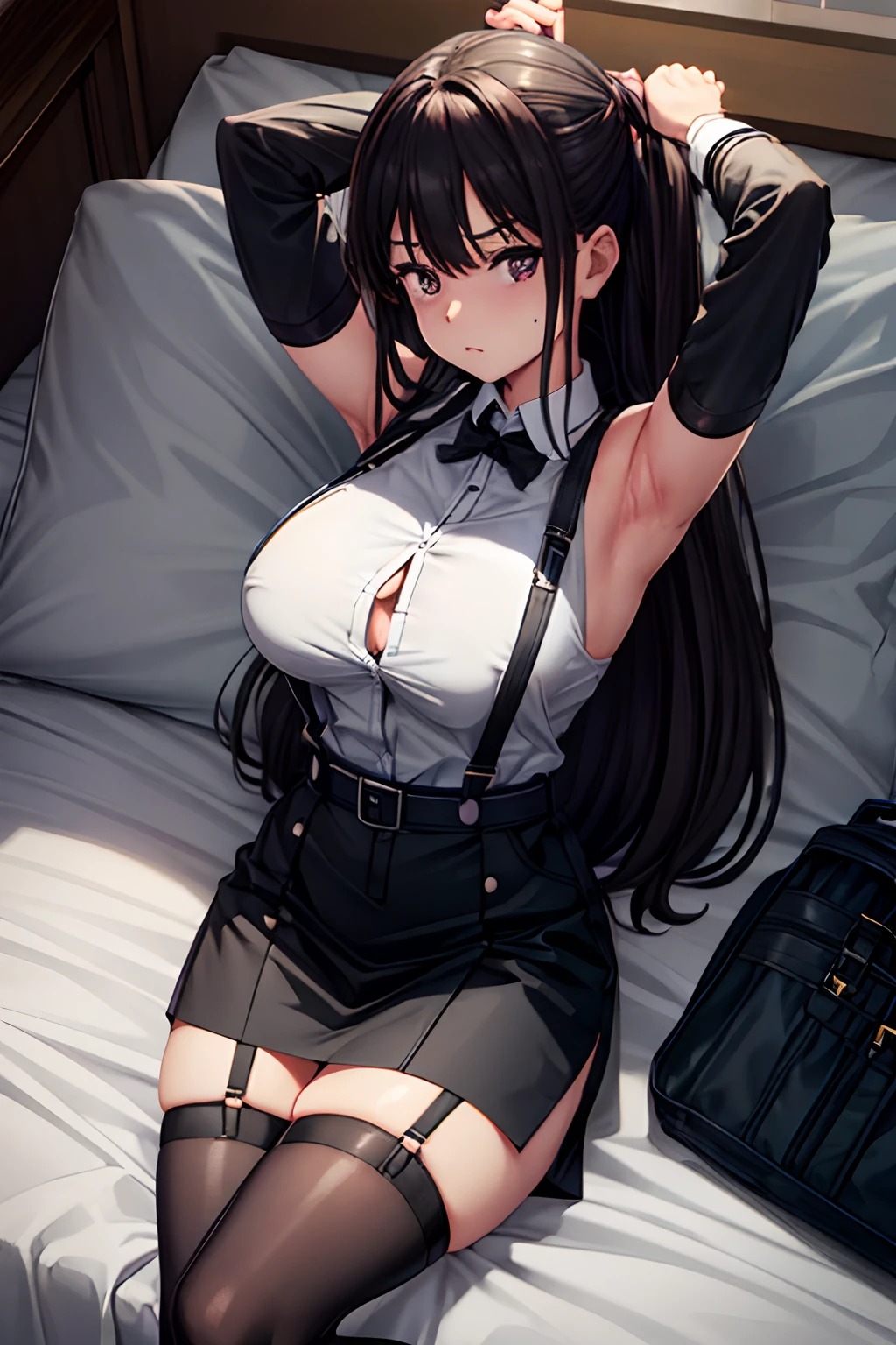 Suit,Collared shirt,Belt bag,Suspenders Black Miniskirt garterbelts knee high Stockings Black Niso Colorcon armpit sweat perspiring Side of both hands,Black tank top,Gaze,Colossal tits,Armpit sweat,Exposing the armpits"Tight clothes、raise two hands、wristbands Lying in bed Behind the back Forehead Center