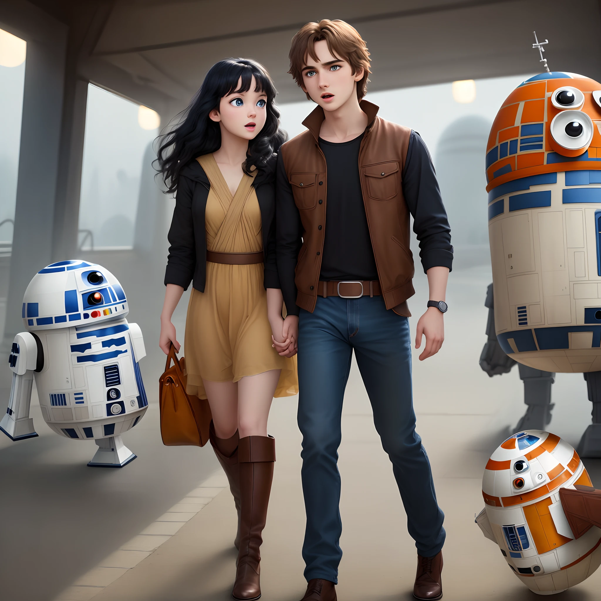 Disney Pixar movie posters watch are a brown-haired boy with blue eyes and Starwars costume and a black-haired girl with brown eyes and black costume