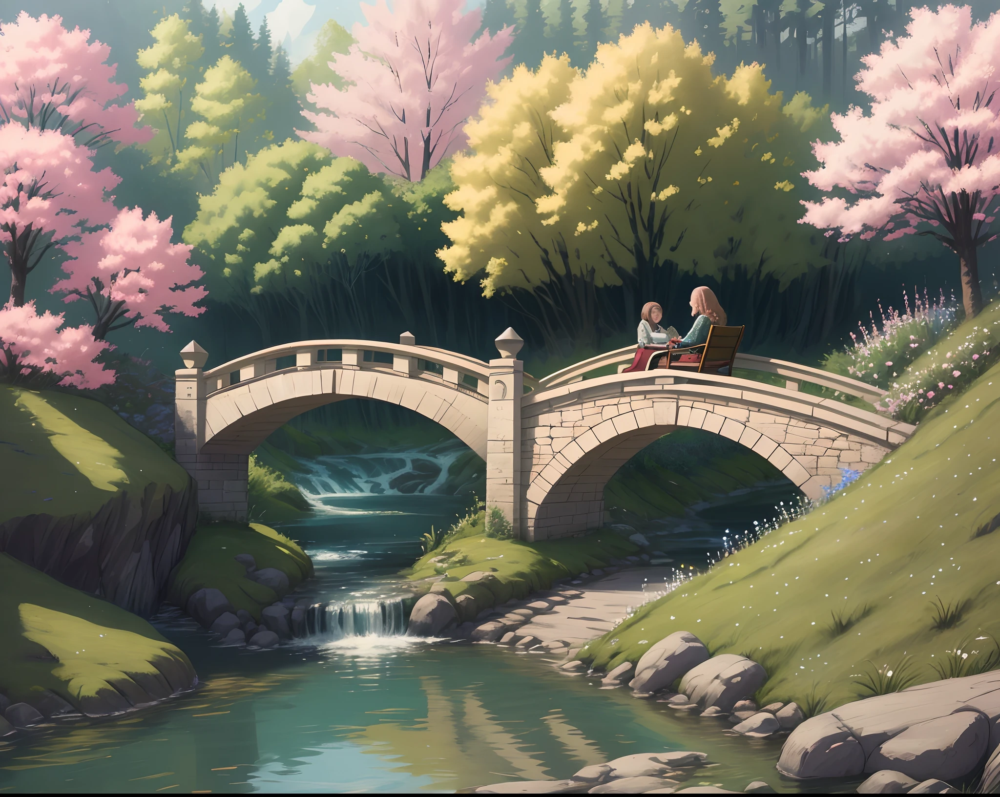 A girl sits in a chair，The other sat in the back and combed her hair，The background is a small bridge flowing water，In the foreground are flowering trees and small tables