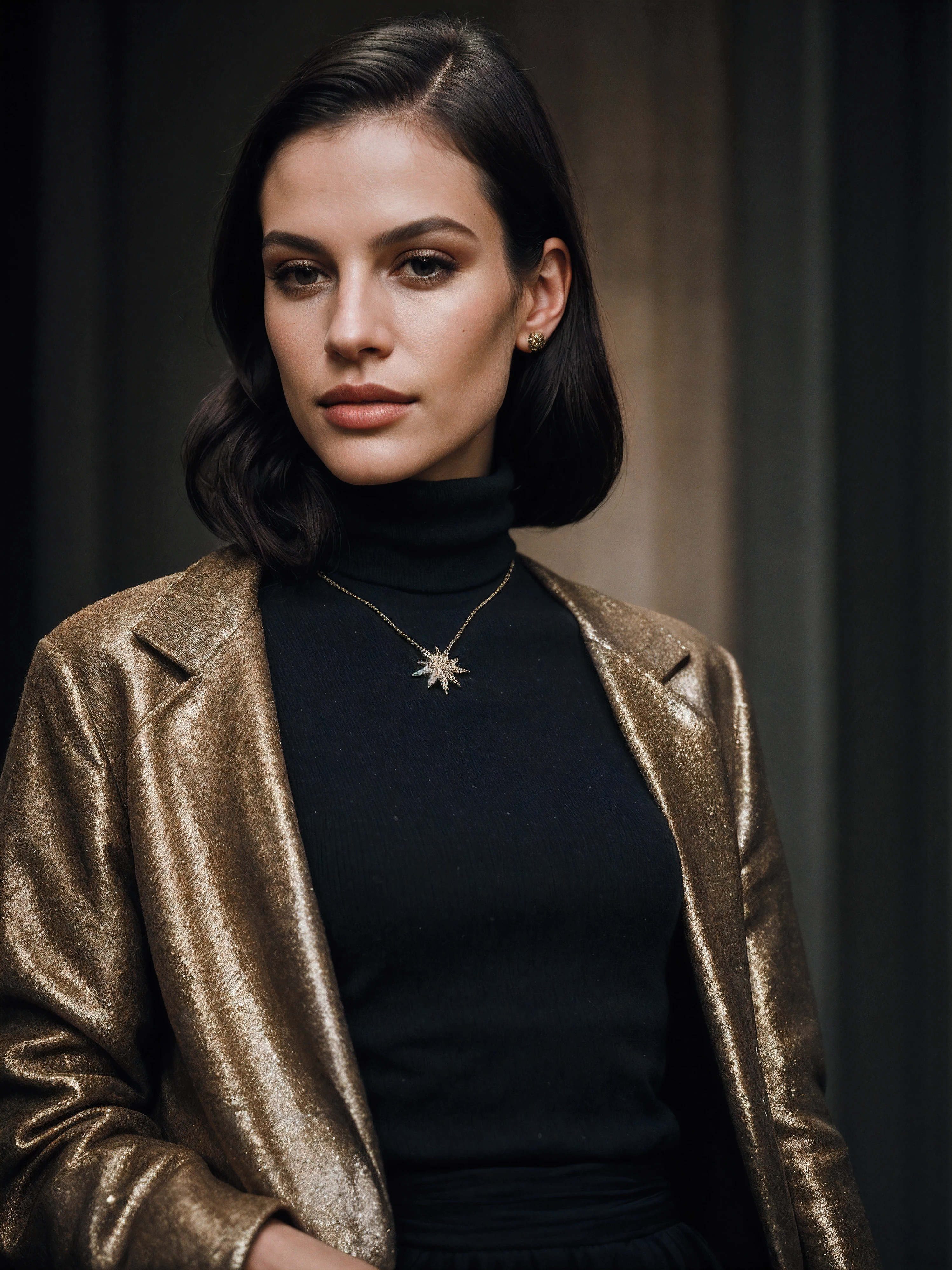 Portrait, cool looking fashion model, glamour fashion event, (Koh_BobbiStarr:0.99), closeup, wearing turtleneck jacket, intricate detail, dim lighting, detailed background, spotlight, stage, shiny glossy skin, subsurface scattering, glitter, Nikon D850 film stock photograph Kodak Portra 400 camera f1.6 lens, rich colors, lifelike texture, dramatic lighting, unreal engine, trending on ArtStation, cinestill 800 tungsten, modest clothing, SFW