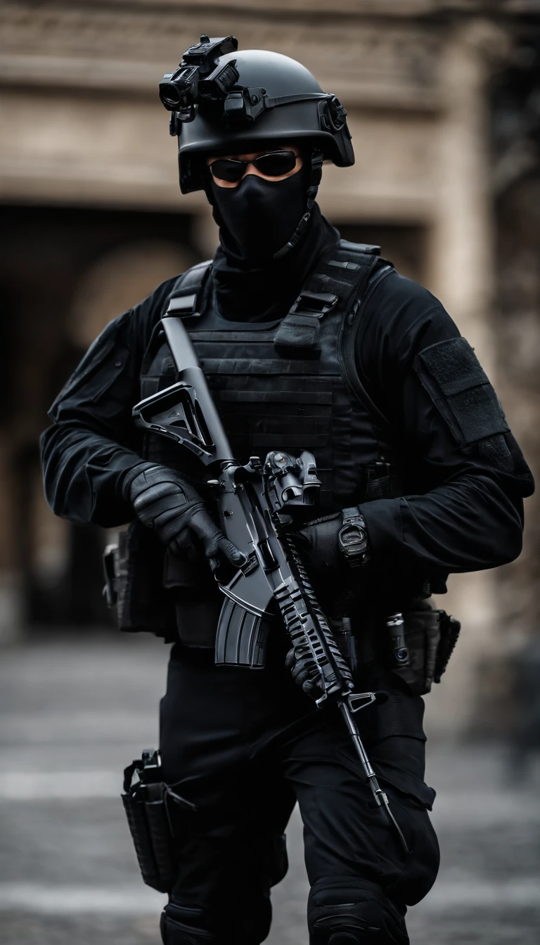 (Best quality,4K,8K,A high resolution,Masterpiece:1.2),Ultra-detailed,(Realistic,Photorealistic,photo-realistic:1.37), One of them wore a black SWAT uniform,Man in black helmet, A man in a black mask holds a gun, Air rifle CQB, French Special Operations, realistic soldiers, Soldiers in tactical equipment, tactical gear, cinematic —ar 16:9, realistic military equipment, Tactical armor, Black tactical equipment, combat outfit, Futuristic soldier costume, special forces security(Best quality,4K,8K,A high resolution,Masterpiece:1.2),Ultra-detailed,(Realistic,Photorealistic,photo-realistic:1.37), One of them wore a black SWAT uniform,Man in black helmet, A man wearing a black skull mask holds a gun, assault rifle,CQB, French Special Operations, realistic soldiers, Soldiers in tactical equipment, tactical gear, cinematic —ar 16:9, realistic military equipment, Tactical armor, Black tactical equipment, combat outfit, Futuristic soldier costume, special forces security,FBI official,Zombie crisis,Zombie background,There was chaos,Police shoot at zombies