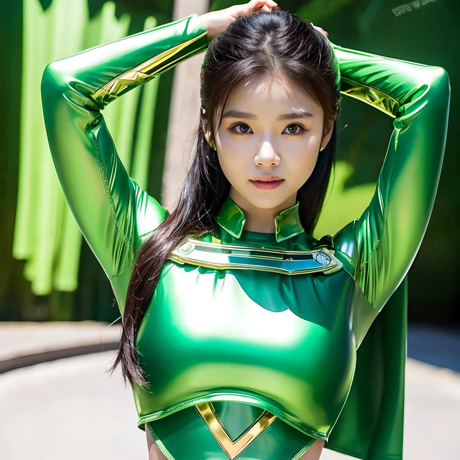 Highest quality、Race Queen、Metallic green leotard、Big Breasts、The gaze is directed forward、The face is facing forward、smile、Very voluminous eyelashes、Blue eyeshadow、Beautiful teeth、shiny pink lips、Lip gloss、Black Hair、Straight ponytail、Big, thick gold hoop earrings、Slender、Upper Body