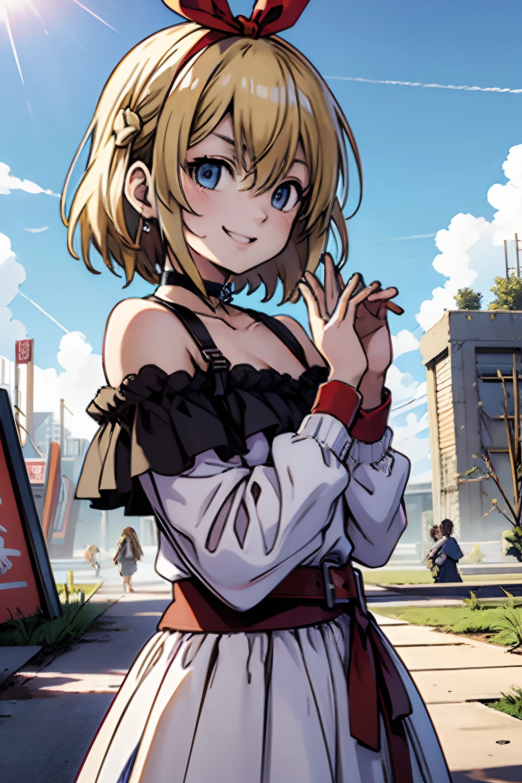 chifuyu matsuno, tokyo revengers, 1 girl, blonde hair, hair ribbon, fantasy world, ruins, fort, beautiful sky, shining sky, sunshine, smiling, waving, belt, wristband, ribbon choker, wind blowing dress, lace dress, long sleeves, off-shoulder sleeves