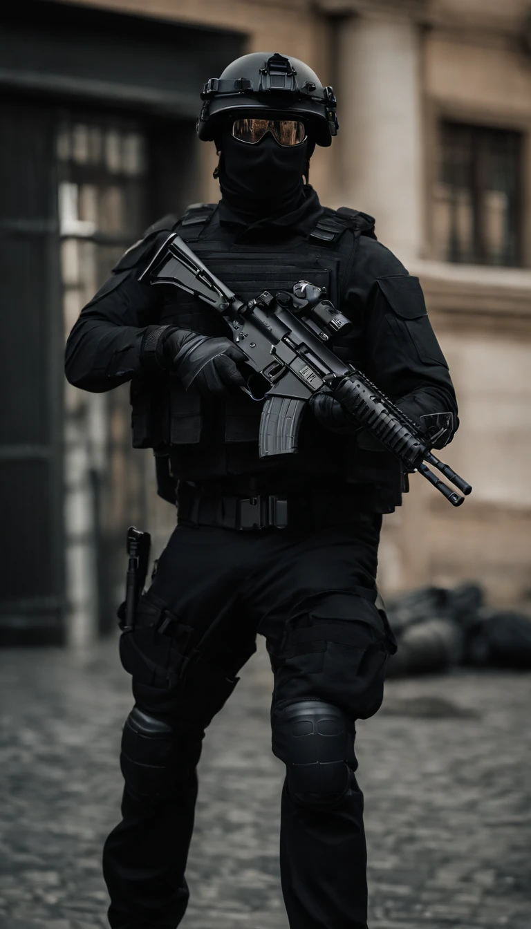 (Best quality,4K,8K,A high resolution,Masterpiece:1.2),Ultra-detailed,(Realistic,Photorealistic,photo-realistic:1.37), One of them wore a black SWAT uniform，Man in black helmet, A man in a black mask holds a gun, Air rifle CQB, French Special Operations, realistic soldiers, Soldiers in tactical equipment, tactical gear, cinematic —ar 16:9, realistic military equipment, Tactical armor, Black tactical equipment, combat outfit, Futuristic soldier costume, special forces security(Best quality,4K,8K,A high resolution,Masterpiece:1.2),Ultra-detailed,(Realistic,Photorealistic,photo-realistic:1.37), One of them wore a black SWAT uniform，Man in black helmet, A man wearing a black skull mask holds a gun, assault rifle，CQB, French Special Operations, realistic soldiers, Soldiers in tactical equipment, tactical gear, cinematic —ar 16:9, realistic military equipment, Tactical armor, Black tactical equipment, combat outfit, Futuristic soldier costume, special forces security，FBI official，Zombie crisis，Zombie background，There was chaos，Police shoot at zombies