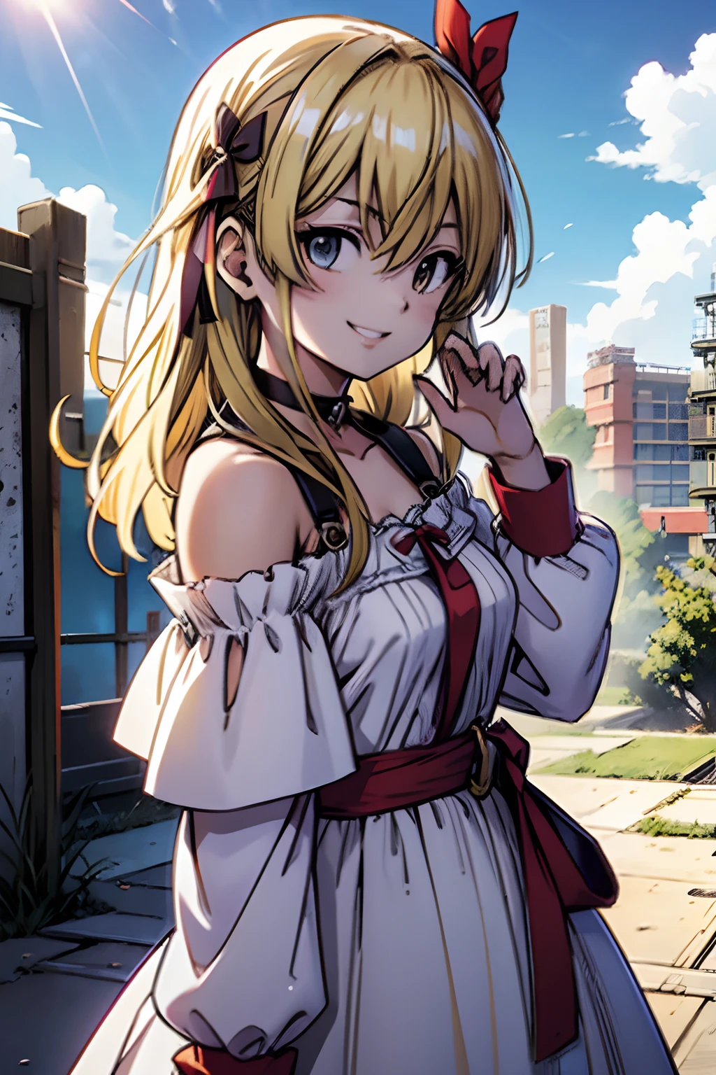 chifuyu matsuno, tokyo revengers, 1 girl, blonde hair, hair ribbon, fantasy world, ruins, fort, beautiful sky, shining sky, sunshine, smiling, waving, belt, wristband, ribbon choker, wind blowing dress, lace dress, long sleeves, off-shoulder sleeves