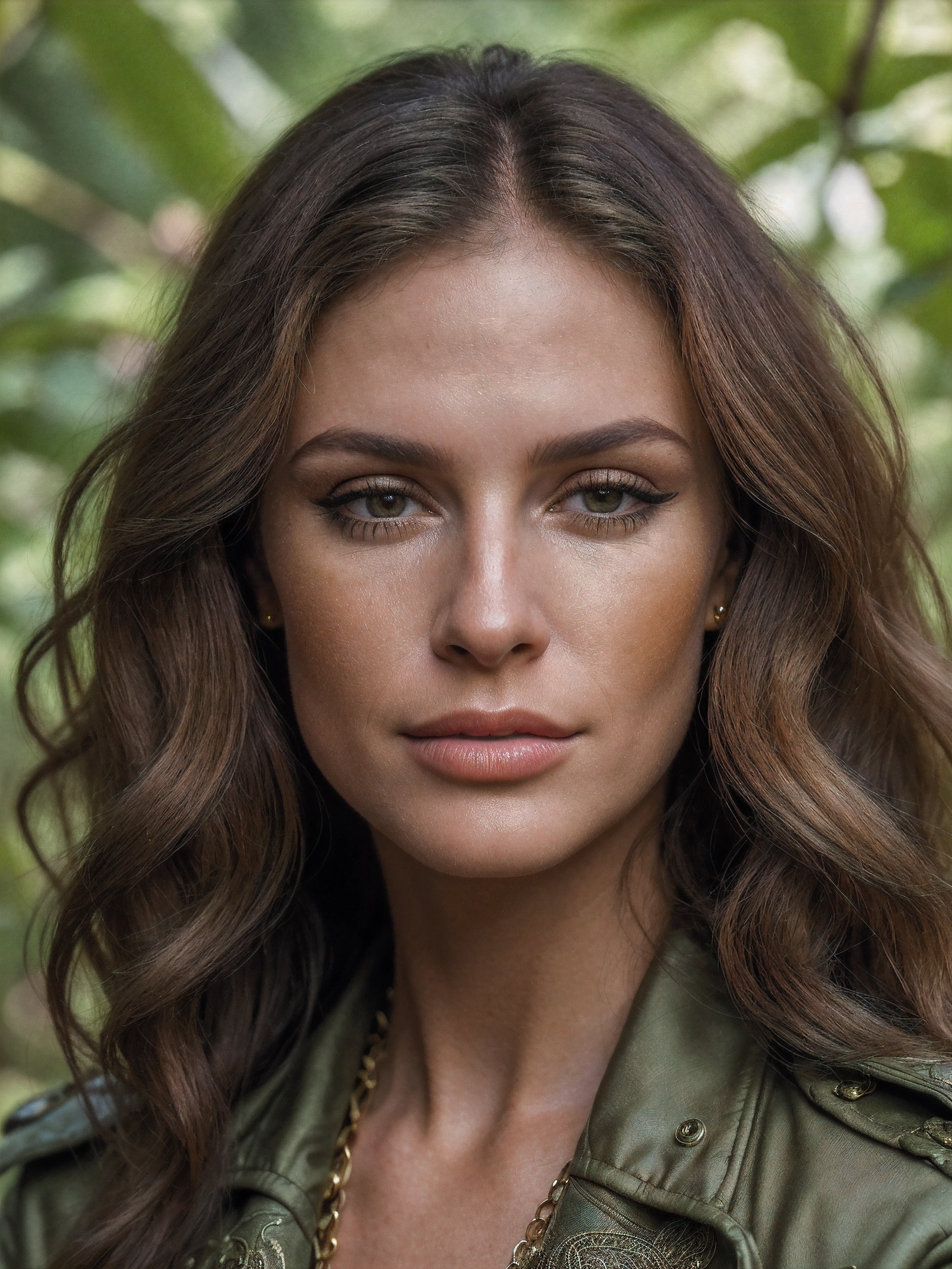 closeup headshot of S185_BarbieBrill,a gorgeous woman,in a (jungle:1.2),wearing a (jacket:1.1),(8k, RAW photo, best quality, depth of field, ultra high res:1.2),(absurdres, intricate, photorealistic, masterpiece, ultra-detailed:1.3),