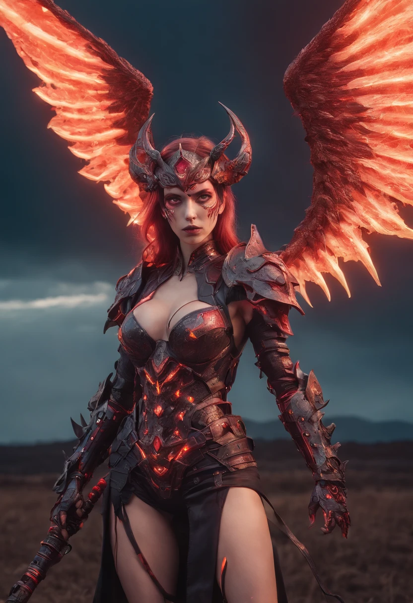 Beautiful Succubus Warrior wearing Mecha Armour Holding a Staff in a field of blood, glowing light eyes, Demon wings, Wide Shot, Biomechanical, eerie, Creepy, nightmarish, Very bright neon colours, Light particles, with light glowing, winner of the year's best photo, the world on fire, post-apocalyptic hellscape military photography, photo epic of the year, fire on the horizon, epic cinematic shot, pure form, intricate detail, 8k post-production, High resolution, super Detail,