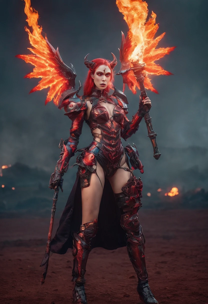 Beautiful Succubus Warrior wearing Mecha Armour Holding a Staff in a field of blood, glowing light eyes, Demon wings, Wide Shot, Biomechanical, eerie, Creepy, nightmarish, Very bright neon colours, Light particles, with light glowing, winner of the year's best photo, the world on fire, post-apocalyptic hellscape military photography, photo epic of the year, fire on the horizon, epic cinematic shot, pure form, intricate detail, 8k post-production, High resolution, super Detail,