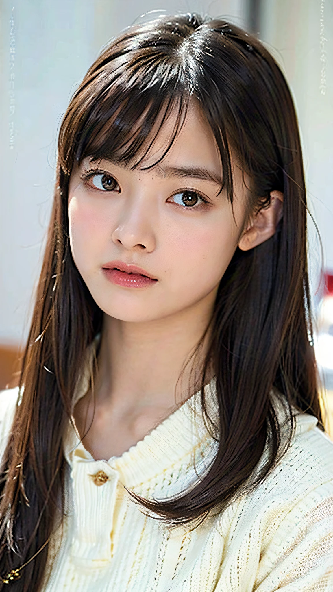 masterpiece, highest quality, 8k, 20th Generation, Large Breasts, cute, alone, sad, cute, Girlish, Delicate girl, Pure beauty,  RAW Photos, Professional photography, Portraiture, Soft Light, Professional Lighting, Backlight, Upper Body, avert your eyes, Sophisticated, Film Grain, (Eyes and facial details:1.0), Short floating hair, Beautiful, flowing hair, bangs, (Waffle-material cache-coeur(Vibrant pastel colors))、(Large Breasts:1.0)、You can see a little cleavage、Nipple protrusion、Dolly Makeup、Translucent white skin、White Breasts、Odd Eye、The colour of the left and right eyes are different