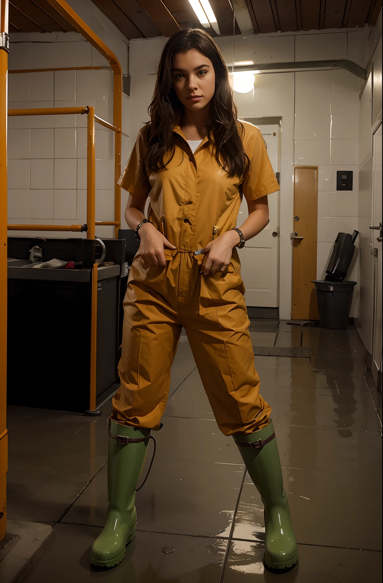 improve her handcuffs on her wrists and on her ankles, make her wear green Hunter rain boots