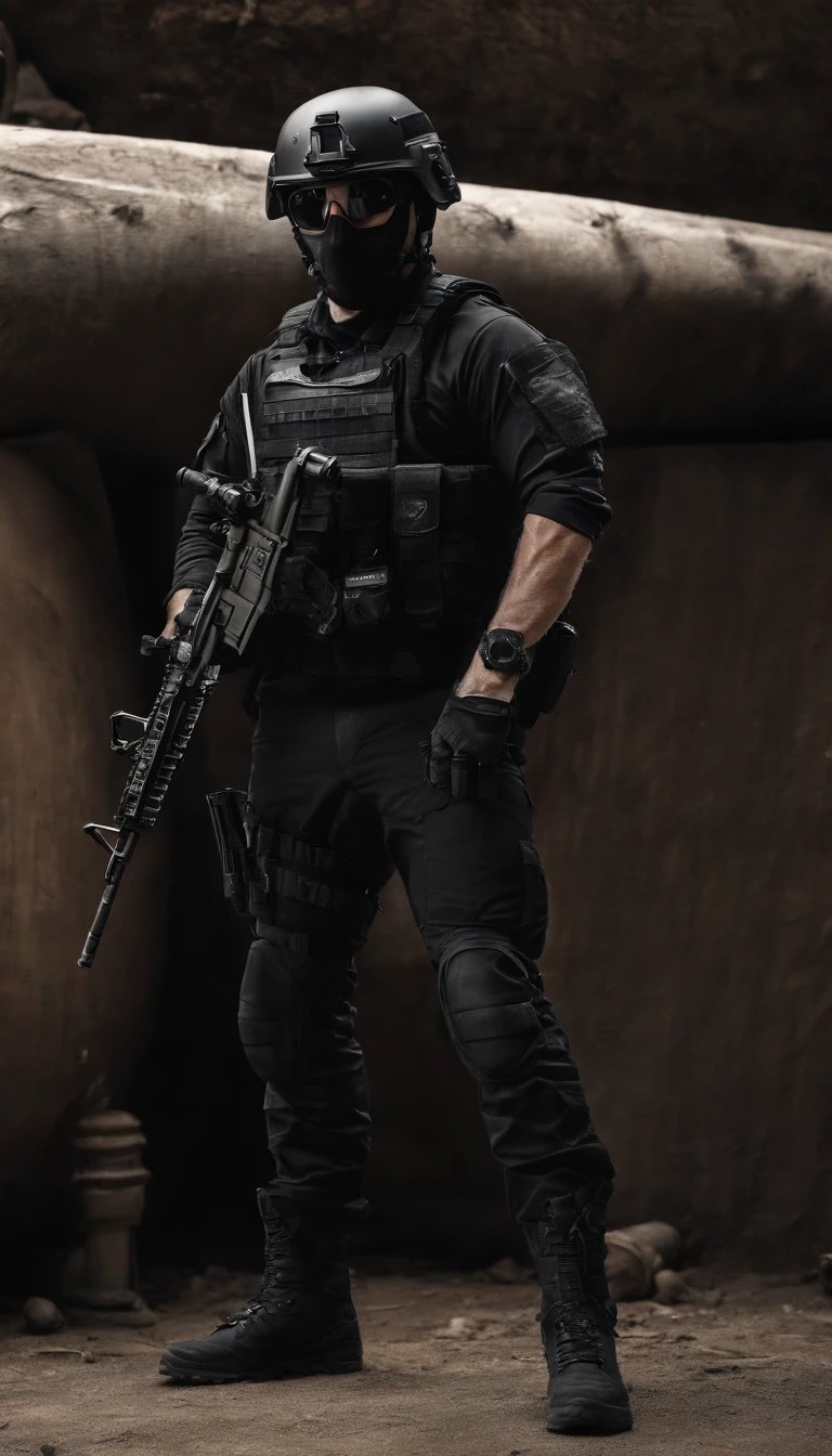 (Best quality,4K,8K,A high resolution,Masterpiece:1.2),Ultra-detailed,(Realistic,Photorealistic,photo-realistic:1.37), One of them wore a black SWAT uniform,Man in black helmet, A man in a black mask holds a gun, Air rifle CQB, French Special Operations, realistic soldiers, Soldiers in tactical equipment, tactical gear, cinematic —ar 16:9, realistic military equipment, Tactical armor, Black tactical equipment, combat outfit, Futuristic soldier costume, special forces security(Best quality,4K,8K,A high resolution,Masterpiece:1.2),Ultra-detailed,(Realistic,Photorealistic,photo-realistic:1.37), One of them wore a black SWAT uniform,Man in black helmet, A man wearing a black skull mask holds a gun, assault rifle,CQB, French Special Operations, realistic soldiers, Soldiers in tactical equipment, tactical gear, cinematic —ar 16:9, realistic military equipment, Tactical armor, Black tactical equipment, combat outfit, Futuristic soldier costume, special forces security,FBI official,Zombie crisis,Zombie background,There was chaos,Police shoot at zombies