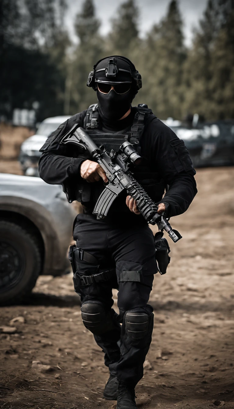 (Best quality,4K,8K,A high resolution,Masterpiece:1.2),Ultra-detailed,(Realistic,Photorealistic,photo-realistic:1.37), One of them wore a black SWAT uniform，Man in black helmet, A man in a black mask holds a gun, Air rifle CQB, French Special Operations, realistic soldiers, Soldiers in tactical equipment, tactical gear, cinematic —ar 16:9, realistic military equipment, Tactical armor, Black tactical equipment, combat outfit, Futuristic soldier costume, special forces security(Best quality,4K,8K,A high resolution,Masterpiece:1.2),Ultra-detailed,(Realistic,Photorealistic,photo-realistic:1.37), One of them wore a black SWAT uniform，Man in black helmet, A man wearing a black skull mask holds a gun, assault rifle，CQB, French Special Operations, realistic soldiers, Soldiers in tactical equipment, tactical gear, cinematic —ar 16:9, realistic military equipment, Tactical armor, Black tactical equipment, combat outfit, Futuristic soldier costume, special forces security，FBI official，Zombie crisis，Zombie background，There was chaos，Police shoot at zombies