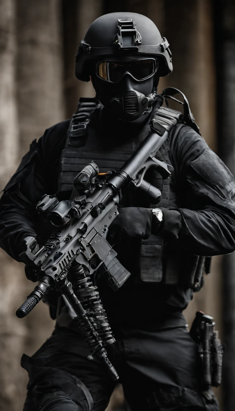 (Best quality,4K,8K,A high resolution,Masterpiece:1.2),Ultra-detailed,(Realistic,Photorealistic,photo-realistic:1.37), One of them wore a black SWAT uniform，Man in black helmet, A man in a black mask holds a gun, Air rifle CQB, French Special Operations, realistic soldiers, Soldiers in tactical equipment, tactical gear, cinematic —ar 16:9, realistic military equipment, Tactical armor, Black tactical equipment, combat outfit, Futuristic soldier costume, special forces security(Best quality,4K,8K,A high resolution,Masterpiece:1.2),Ultra-detailed,(Realistic,Photorealistic,photo-realistic:1.37), One of them wore a black SWAT uniform，Man in black helmet, A man wearing a black skull mask holds a gun, assault rifle，CQB, French Special Operations, realistic soldiers, Soldiers in tactical equipment, tactical gear, cinematic —ar 16:9, realistic military equipment, Tactical armor, Black tactical equipment, combat outfit, Futuristic soldier costume, special forces security，FBI official，Zombie crisis，Zombie background，There was chaos，Police shoot at zombies