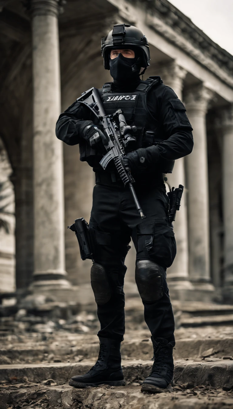 LAPD officer, male focus, black SWAT outfit, he is on the side of an Armored SWAT car, los angeles city backdrop, he is heavily armed with a rifle, city backdrop, ultra detailed scenery, ultra sharp focus