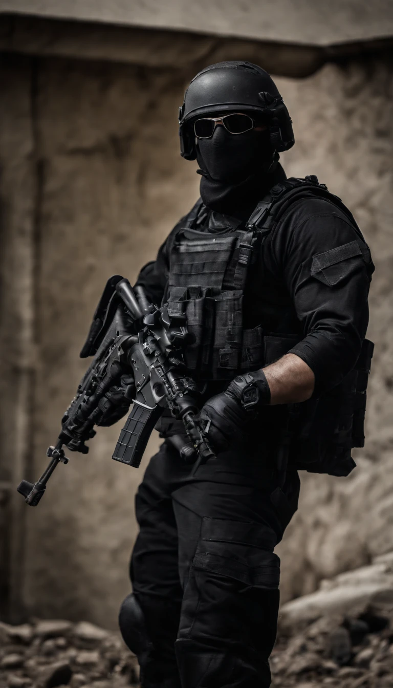 (Best quality,4K,8K,A high resolution,Masterpiece:1.2),Ultra-detailed,(Realistic,Photorealistic,photo-realistic:1.37), One of them wore a black SWAT uniform，Man in black helmet, A man in a black mask holds a gun, Air rifle CQB, French Special Operations, realistic soldiers, Soldiers in tactical equipment, tactical gear, cinematic —ar 16:9, realistic military equipment, Tactical armor, Black tactical equipment, combat outfit, Futuristic soldier costume, special forces security(Best quality,4K,8K,A high resolution,Masterpiece:1.2),Ultra-detailed,(Realistic,Photorealistic,photo-realistic:1.37), One of them wore a black SWAT uniform，Man in black helmet, A man wearing a black skull mask holds a gun, assault rifle，CQB, French Special Operations, realistic soldiers, Soldiers in tactical equipment, tactical gear, cinematic —ar 16:9, realistic military equipment, Tactical armor, Black tactical equipment, combat outfit, Futuristic soldier costume, special forces security，??? official，Zombie crisis，Zombie background，There was chaos，Police shoot at zombies