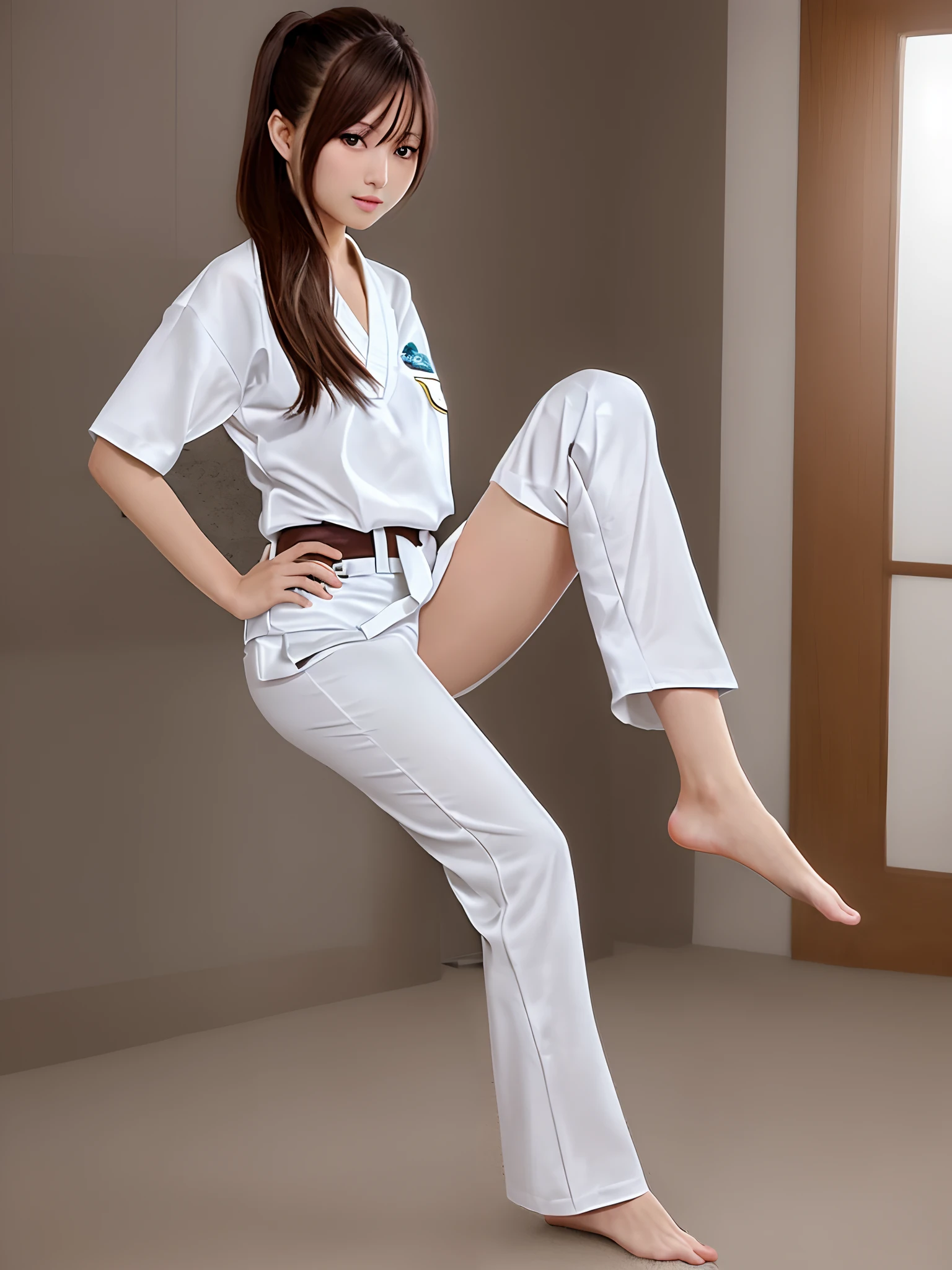 (Photorealsitic)(sixteen years old), Perfectly beautiful woman, (Full body 8K portrait), Stand alone, Large and dynamic hand and foot movements, Make a high side kick, White Karate Uniform, White karate pants, Large bust,Correct skeleton, Perfect facial detail, (Smile: 1.15), attractive beautiful face, gazing at viewer, a small face, 二重まぶた, Beautiful detailed eyes, long eyeslashes, ligh brown hair, poneyTail, Toned waist, Beautiful thin legs, toned ankles, bare-legged ,TOKYOcty