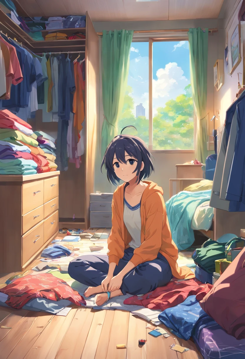 (Best quality, high resolution, photo-realistic:1.37), Vibrant colors,Empty bedroom，Cluttered wardrobe, Piles of clothes, messy outfit, A crumpled blanket on the floor