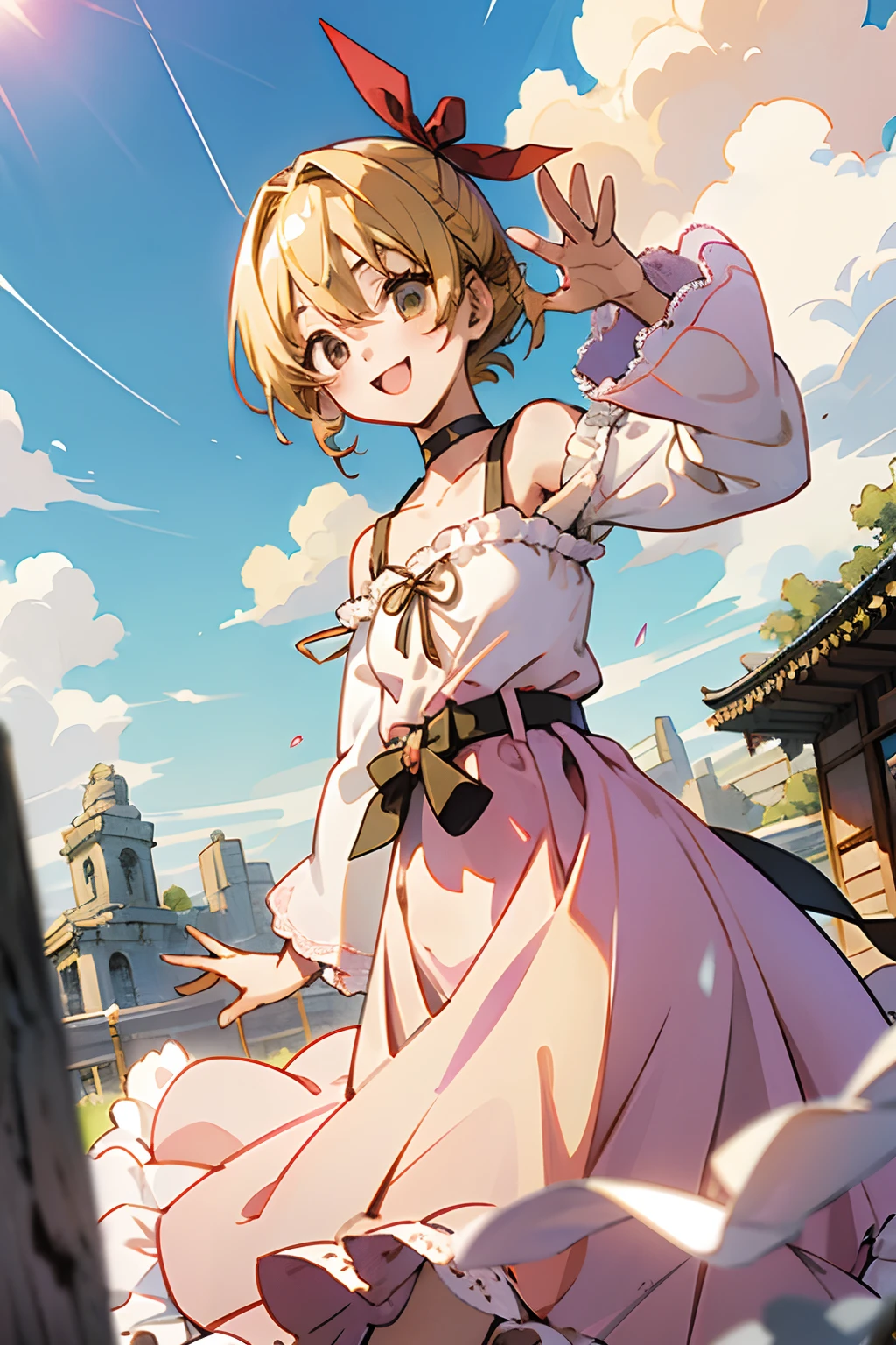 chifuyu matsuno, tokyo revengers, 1 girl, blonde hair, hair ribbon, fantasy world, ruins, fort, beautiful sky, shining sky, sunshine, smiling, waving, belt, wristband, ribbon choker, wind blowing dress, lace dress, long sleeves, off-shoulder sleeves