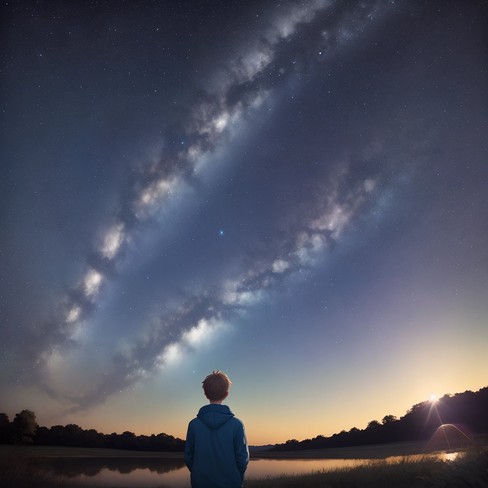 Create an image of an almost invisible man standing in water. The man is highly transparent, just barely distinguishable as a human shape through the distortion of light and reflection on the water surface. He is completely nude, with no clothing, and his form is defined only by the way the light and water interact with his body. The scene should have a surreal, dream-like quality, with the background showing a dark, starry night sky and silhouettes of trees. The invisible man’s outline should be highlighted by faint glowing lines and a very subtle ripple effect around his body.