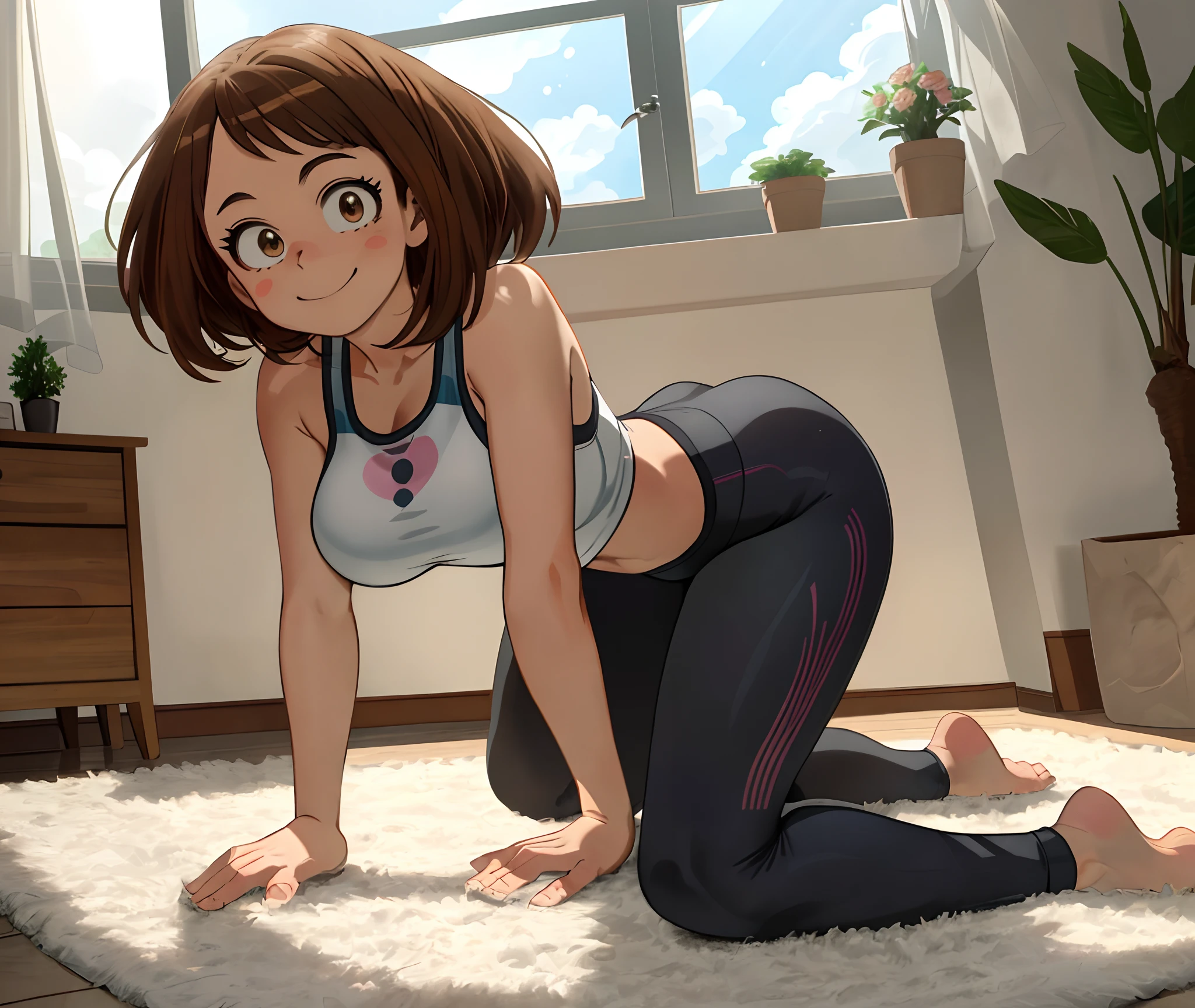 [ochako uraraka], [Boku no hero academia], ((masterpiece)), ((HD)), ((high quality)), ((solo portrait)), ((front view)), ((cowboy shot)), ((anime)), ((Kohei Horikoshi)), ((detailed shading)), ((cel shading)), ((intricate details)), {ochako, (rosy cheeks), big round brown eyes, short brown hair, short eyelashes, large boobs, (gorgeous hips), (beautiful legs), (beautiful feet), (cute smile)}, {(white tank top), (black spandex yoga pants)}, {(on rug), (on knees), (all fours), (looking at viewer)}, [Background; (living room), (window), (blue sky), (sun rays)]