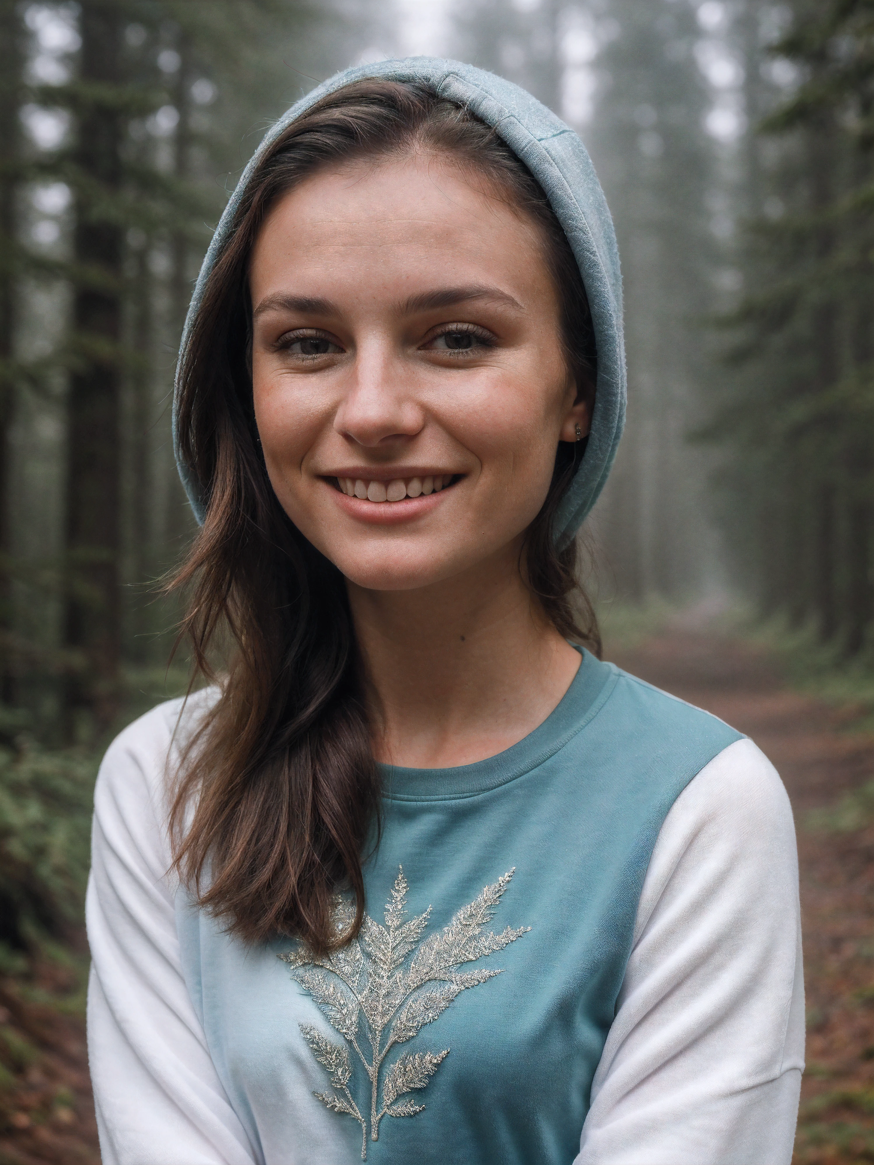 closeup headshot of S183_ErikaPostnikova,a beautiful woman,in a (foggy-forest:1.1),wearing a (sweat-shirt:1.1),(smiling:1.1),(8k, RAW photo, best quality, depth of field, ultra high res:1.2),(absurdres, intricate, photorealistic, masterpiece, ultra-detailed:1.3),