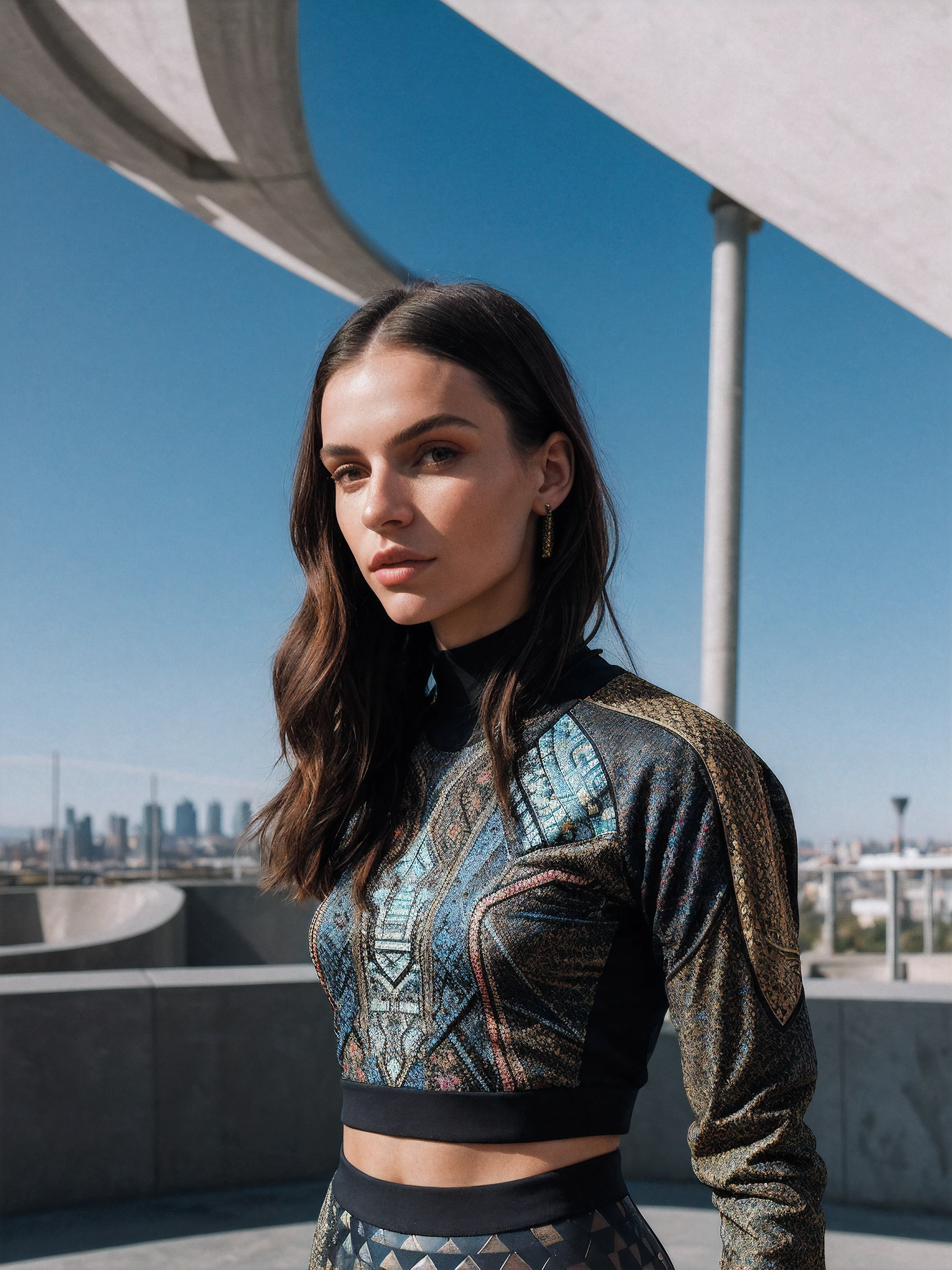 A stunning intricate full color portrait of a beautiful woman, Tech-enhanced longline shirt, circuitry-patterned leggings, and chunky sneakers, Futuristic rooftop skate park, epic character composition,by ilya kuvshinov, alessio albi, nina masic,sharp focus, natural lighting, subsurface scattering, f2, 35mm, film grain