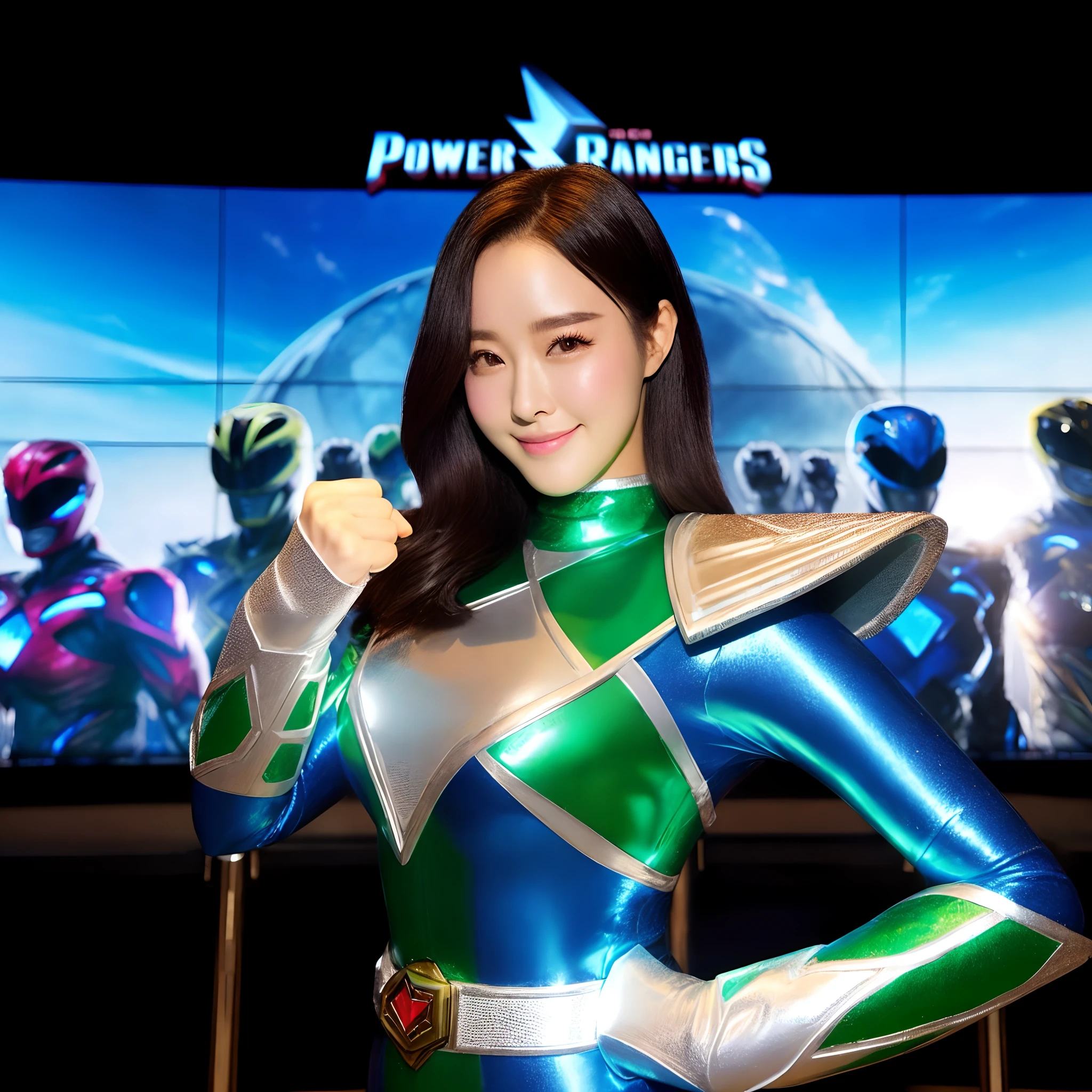 Alafed woman in shiny suit posing for photo, power ranger, Green Power Rangers, power rangers film, the secret seventh power ranger, power pose, power ranger, iu lee ji-eun as a super villain, krystal, john park, japanese dc live action movie, gemma chen, lu ji, leaked image, dilraba dilmurat