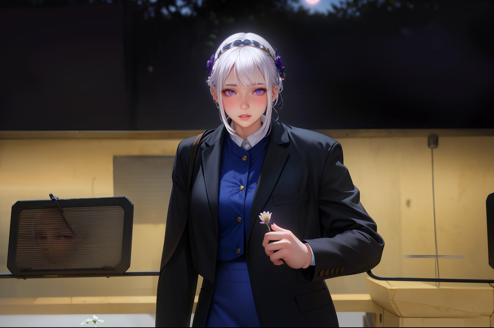realistic, 1girl, white hair, purple eyes, glowing eyes, crop top, skirt, parted lips, blush, night, flowers, sun, sunlight,