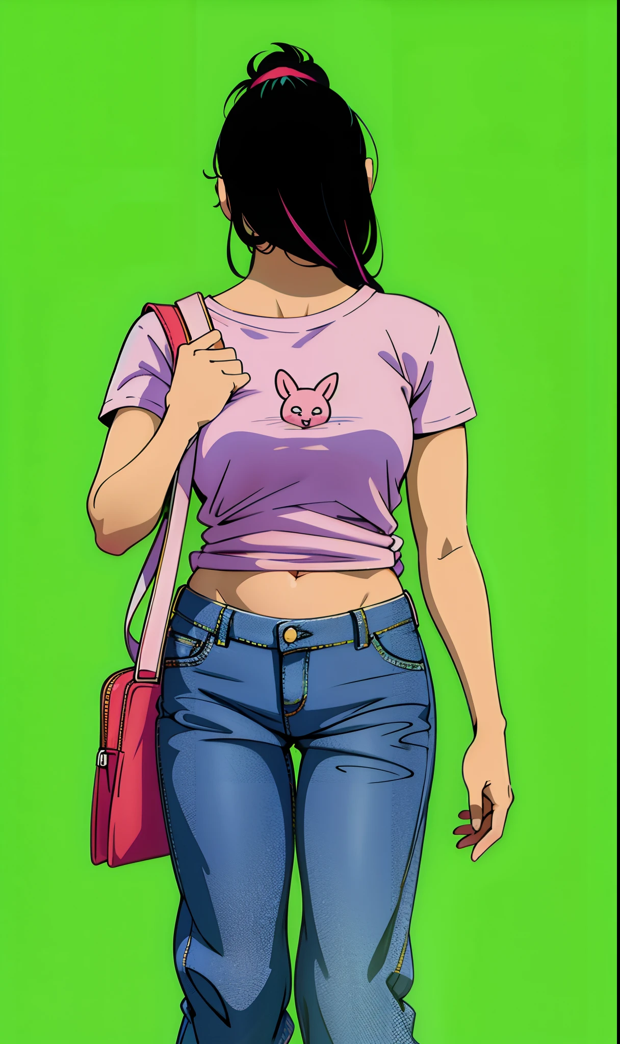Turn this girl to cartoon, attractive thin girl, colorfull, simple pinky T-shirt