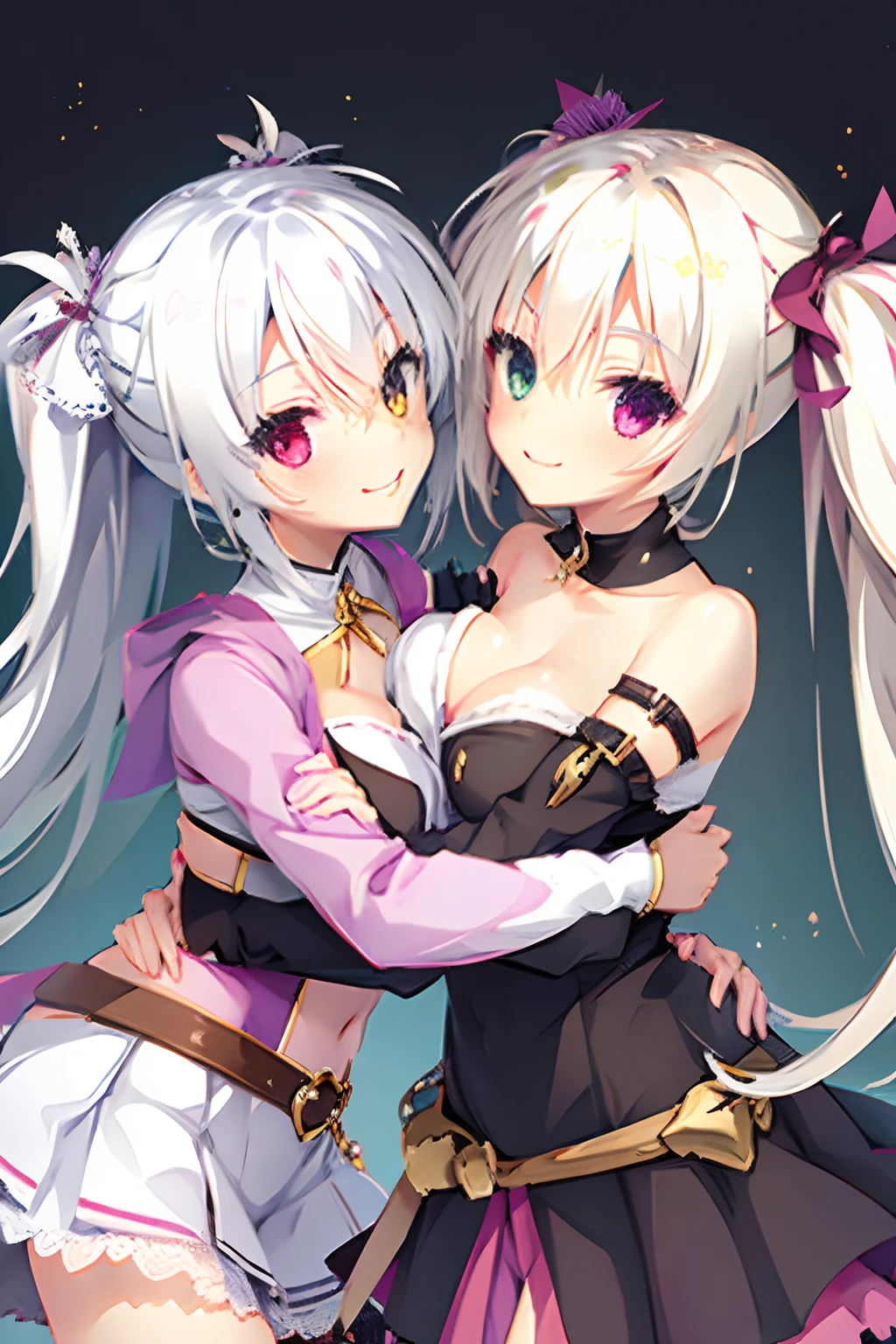 Two girls,Twin-tailed,Chest to chest,hug,Heterochromia,fantasy clothing,evil smile,White background,Top image quality,Best Quality