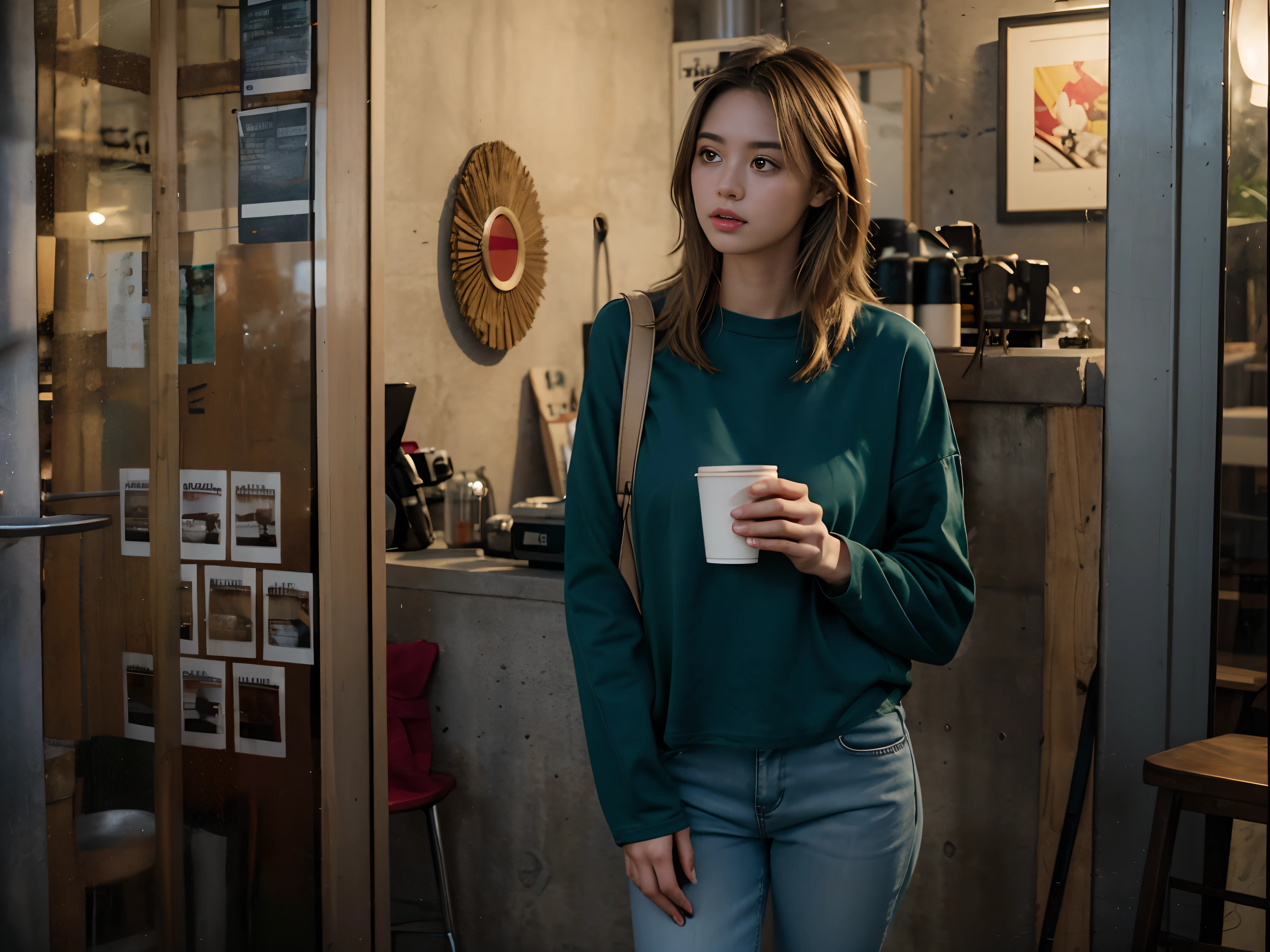 (best quality,8k,highres,masterpiece:1.2),ultra-detailed,symmetrical , wall concrete muted in background photo :1.37, warm key lights from right behind her, and low key lights from front.  UHD, natural side sunlight's and cast shadow on side, in the interior concrete coffee bar and roastery, duo tone, architectural concrete brutalism, Analog filter lomography Xpro