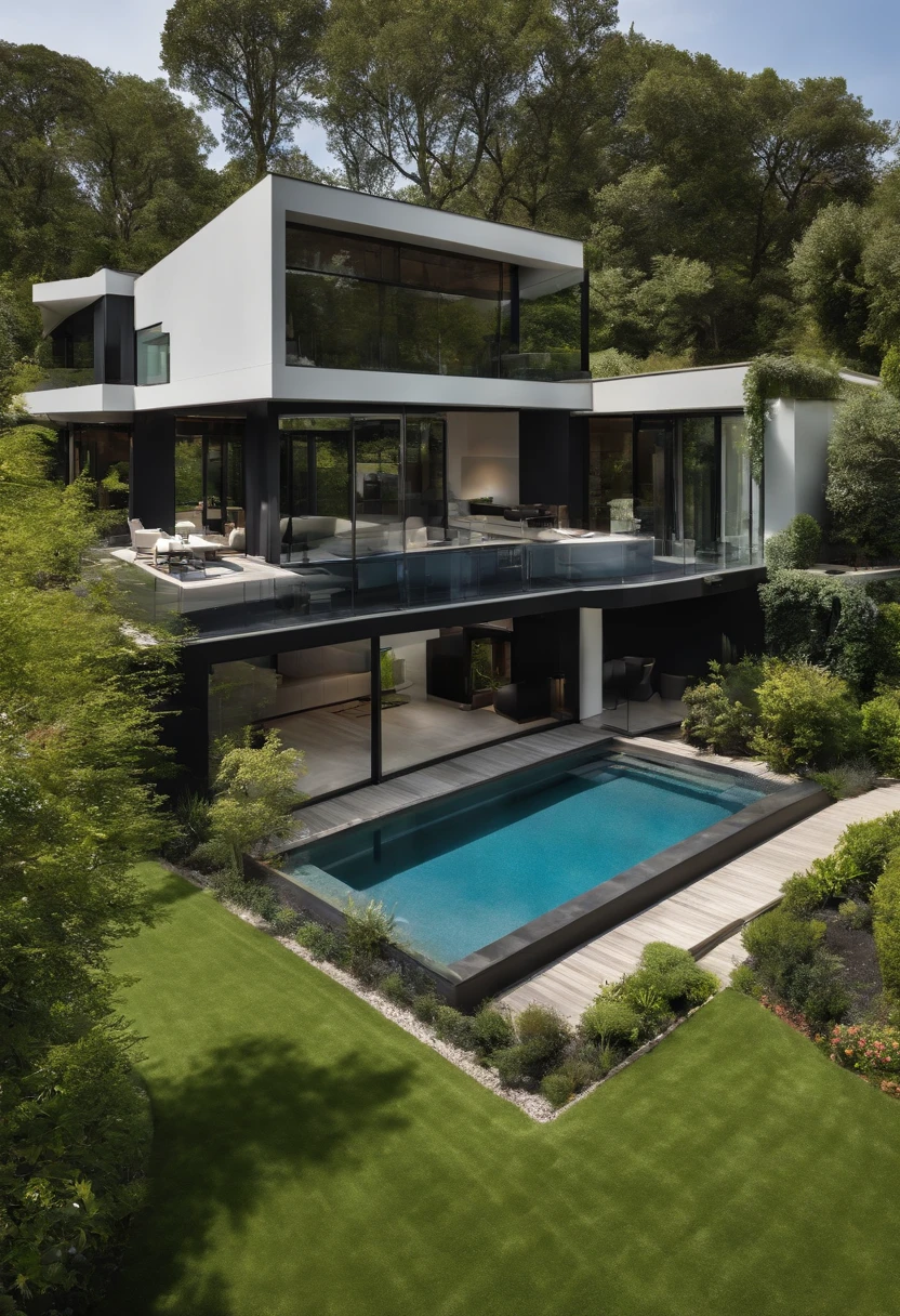 Modern home with state-of-the-art technology, couleur noir, piscine, beau jardin fleuri.