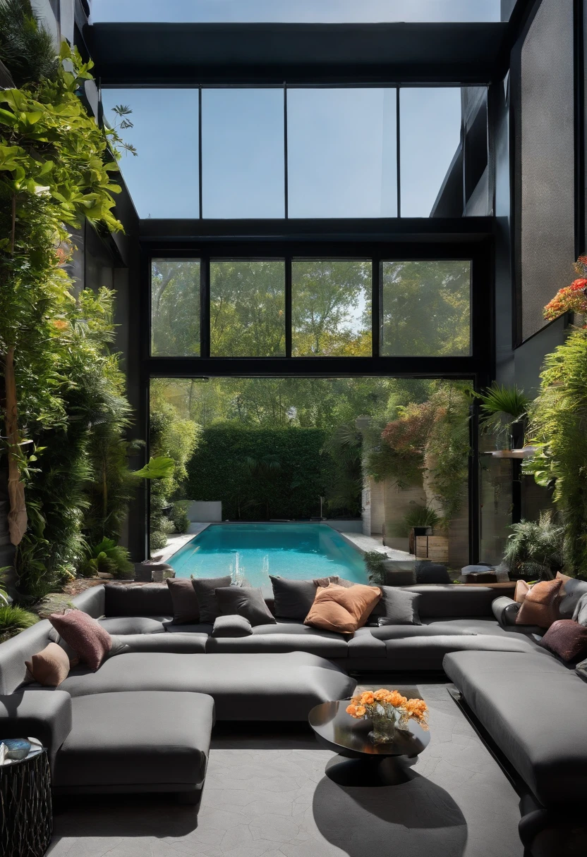 Modern home with state-of-the-art technology, couleur noir, piscine, beau jardin fleuri.