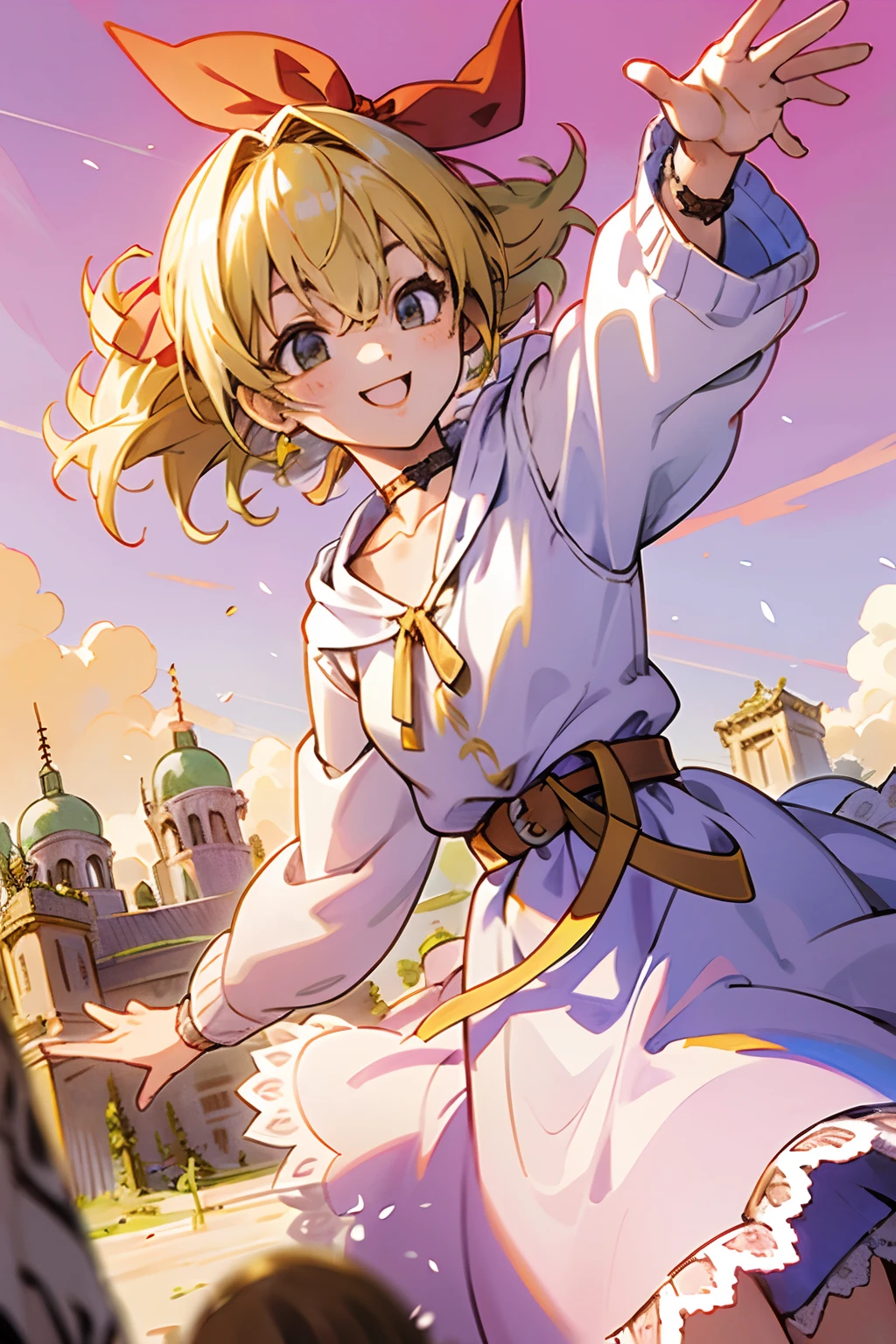 chifuyu matsuno, tokyo revengers, 1 girl, blonde hair, hair ribbon, fantasy world, ruins, fort, beautiful sky, shining sky, sunshine, smiling, waving, belt, wristband, ribbon choker, wind blowing dress, lace dress, hoodies on sweater, long sleeves, off-shoulder sleeves
