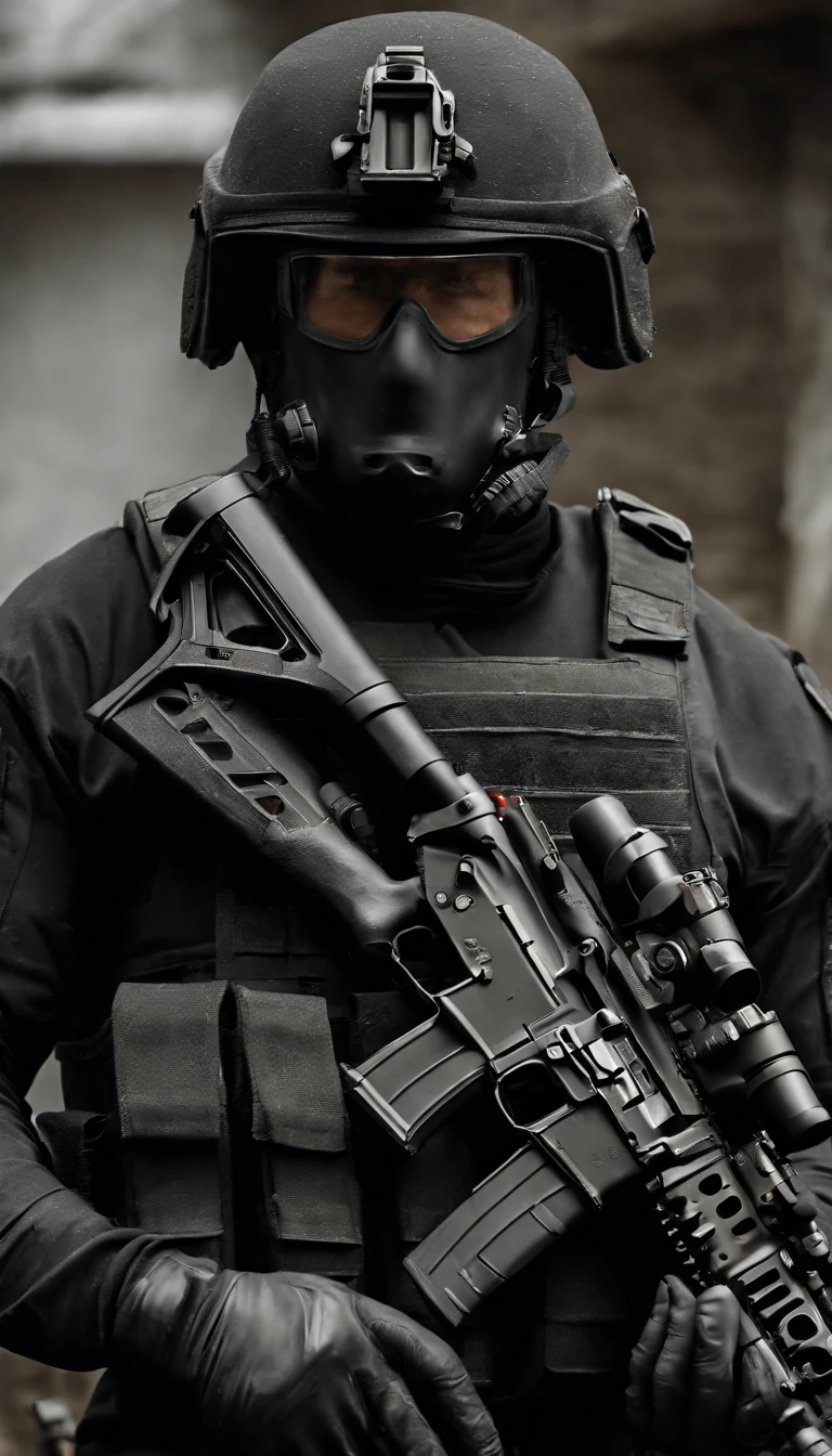 (Best quality,4K,8K,A high resolution,Masterpiece:1.2),Ultra-detailed,(Realistic,Photorealistic,photo-realistic:1.37), One of them wore a black SWAT uniform，Man in black helmet, A man in a black mask holds a gun, Air rifle CQB, French Special Operations, realistic soldiers, Soldiers in tactical equipment, tactical gear, cinematic —ar 16:9, realistic military equipment, Tactical armor, Black tactical equipment, combat outfit, Futuristic soldier costume, special forces security(Best quality,4K,8K,A high resolution,Masterpiece:1.2),Ultra-detailed,(Realistic,Photorealistic,photo-realistic:1.37), One of them wore a black SWAT uniform，Man in black helmet, A man wearing a black skull mask holds a gun, assault rifle，CQB, French Special Operations, realistic soldiers, Soldiers in tactical equipment, tactical gear, cinematic —ar 16:9, realistic military equipment, Tactical armor, Black tactical equipment, combat outfit, Futuristic soldier costume, special forces security，FBI official，Zombie crisis，Zombie background，There was chaos，Police shoot at zombies