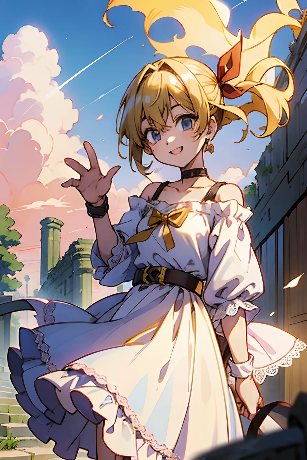 chifuyu matsuno, tokyo revengers, 1 girl, blonde hair, hair ribbon, fantasy world, ruins, fort, beautiful sky, shining sky, sunshine, smiling, waving, belt, wristband, ribbon choker, wind blowing dress, lace dress, blue eyes, earrings, off-shoulder sleeves