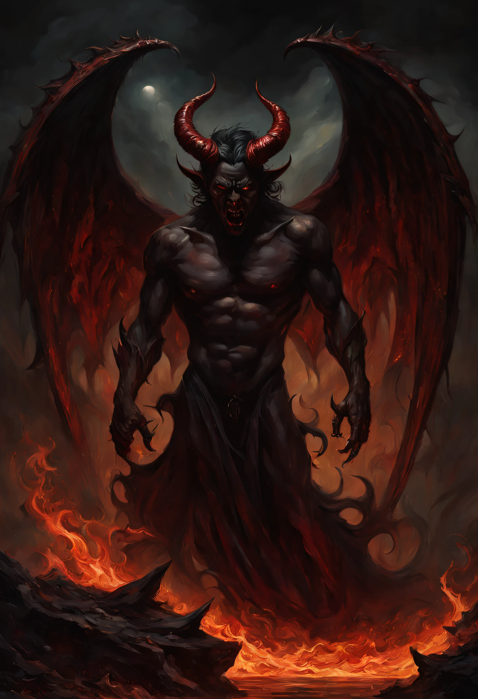 A demonic demon with horns and a long tail standing in a fire - SeaArt AI